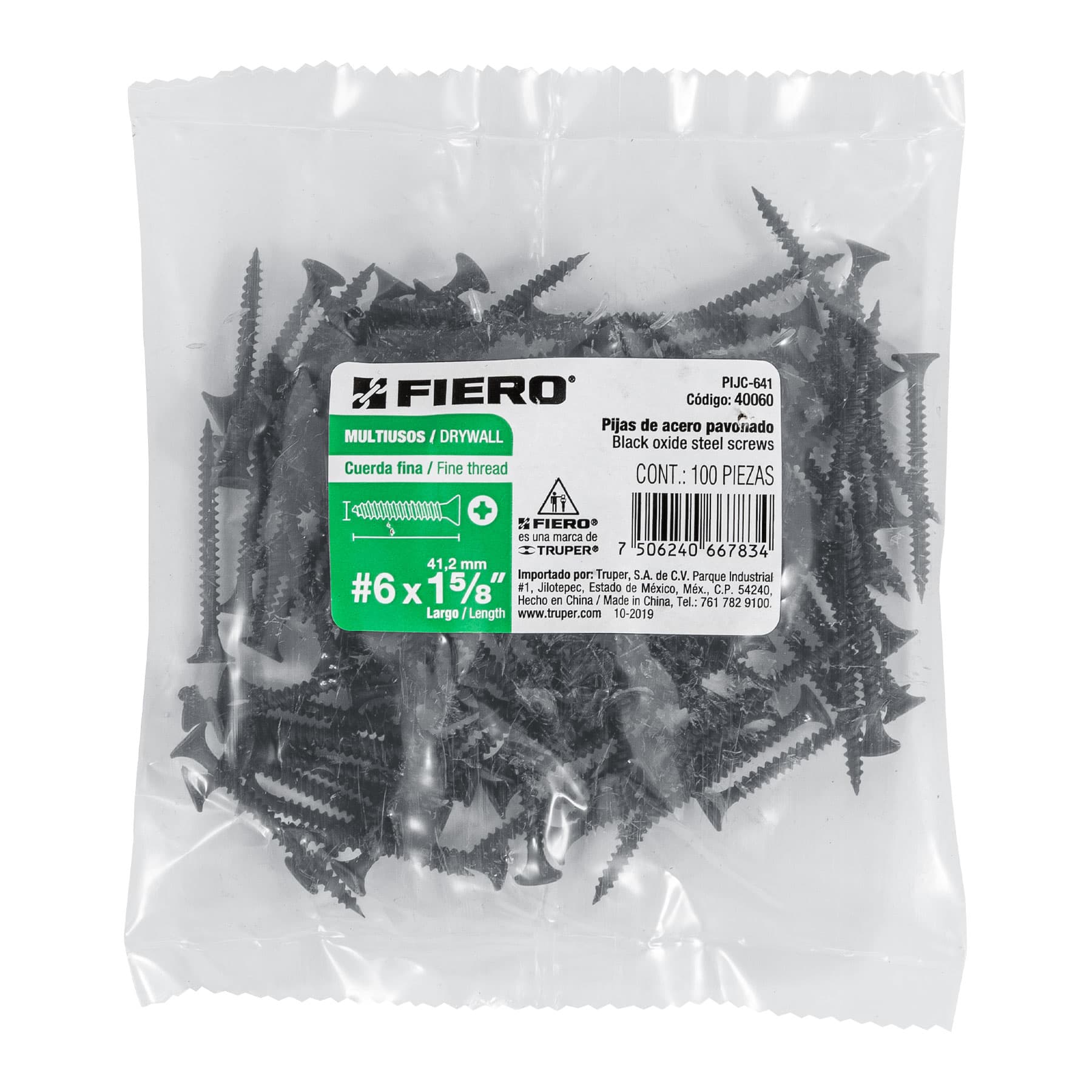 Bolsa con 100 pijas #6 x 1-5/8" multiusos cuerda fina, Fiero