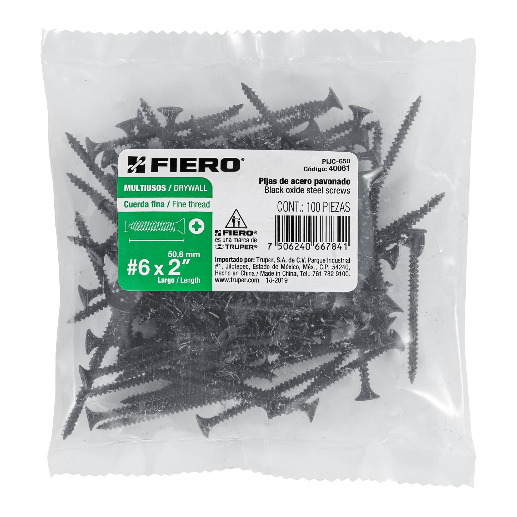 Bolsa con 100 pijas #6 x 2" multiusos cuerda fina, Fiero