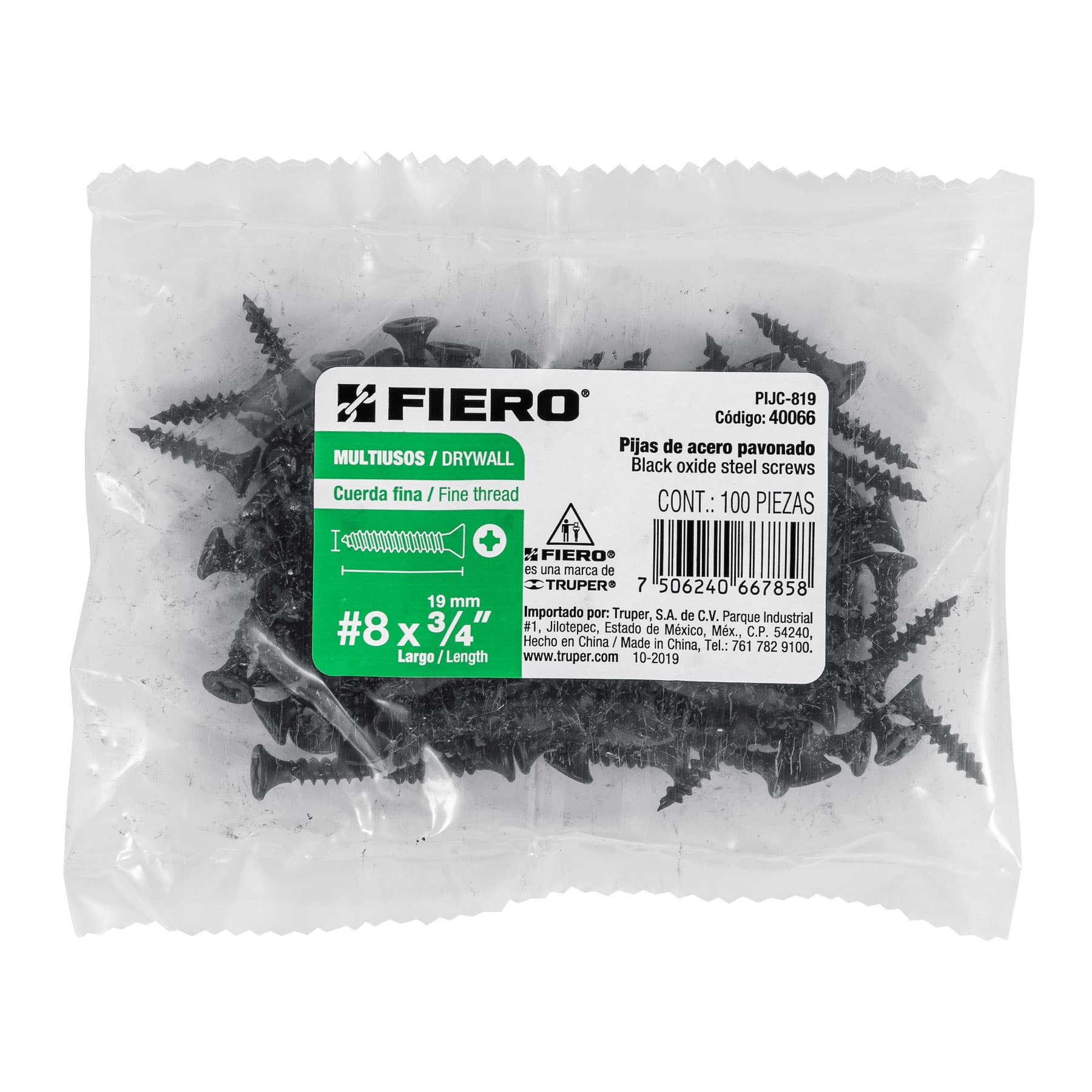 Bolsa con 100 pijas #8 x 3/4" multiusos cuerda fina, Fiero
