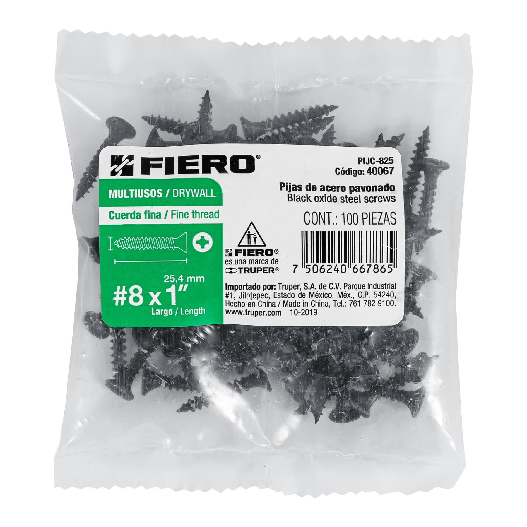 Bolsa con 100 pijas #8 x 1" multiusos cuerda fina, Fiero