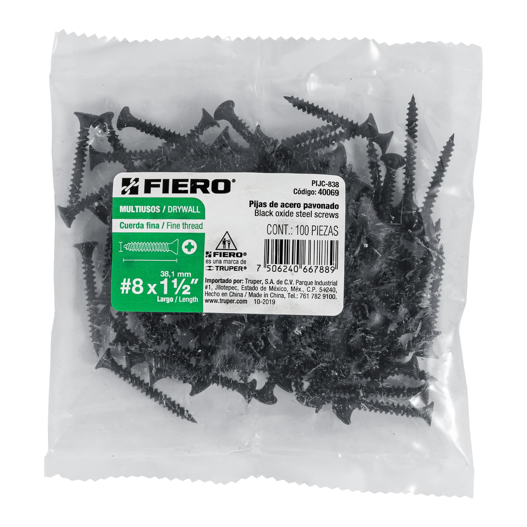 Bolsa con 100 pijas #8 x 1-1/2" multiusos cuerda fina, Fiero