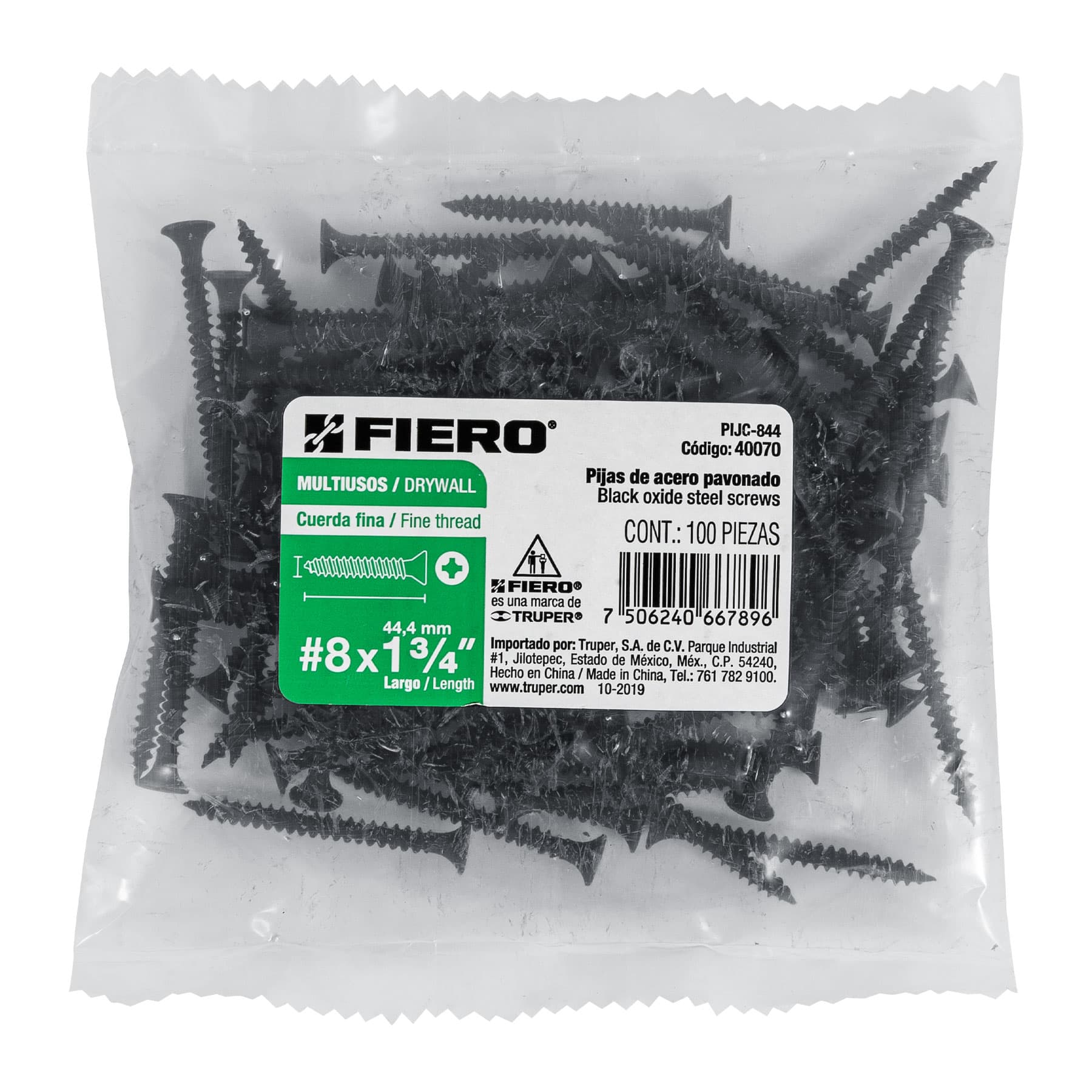 Bolsa con 100 pijas #8 x 1-3/4" multiusos cuerda fina, Fiero