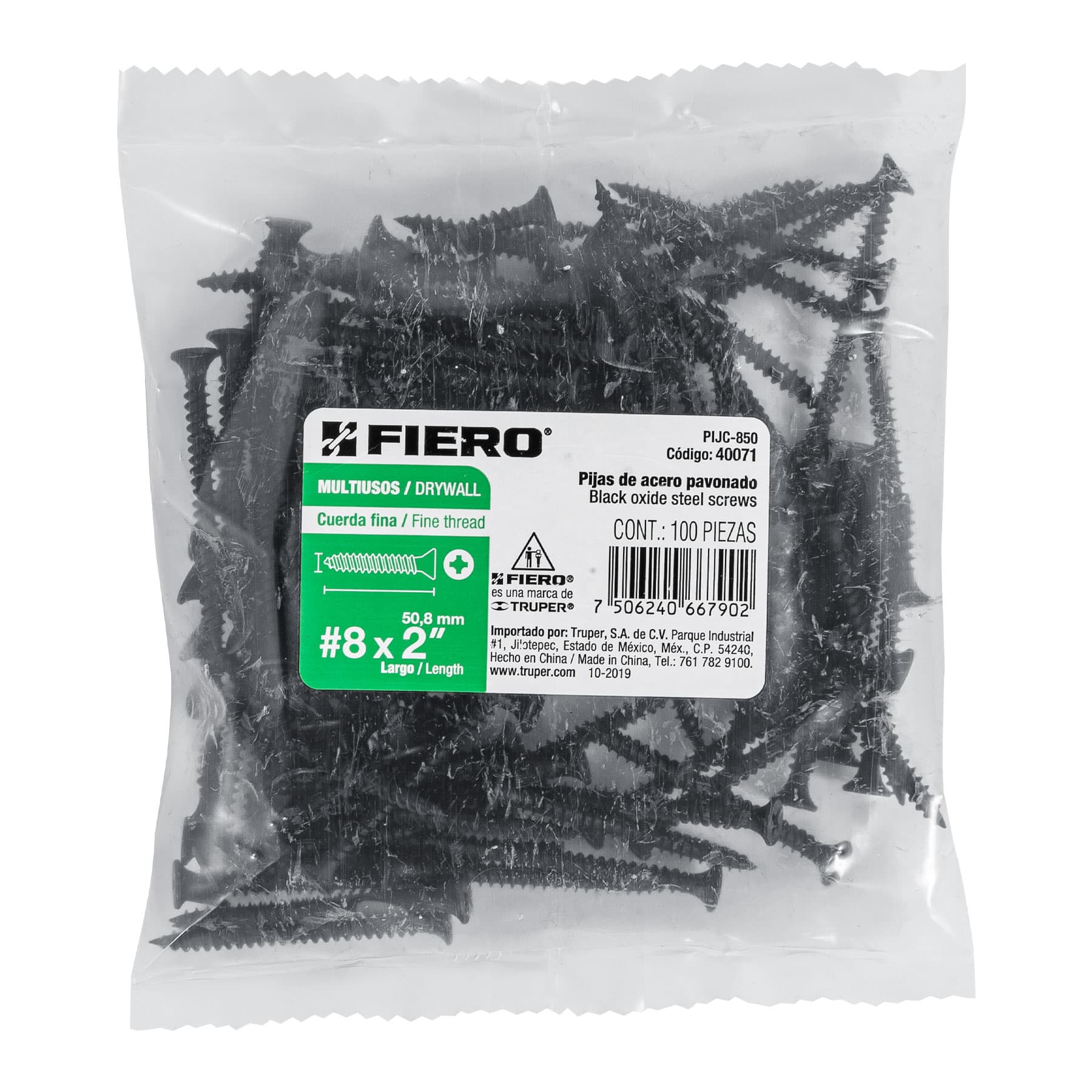 Bolsa con 100 pijas #8 x 2" multiusos cuerda fina, Fiero