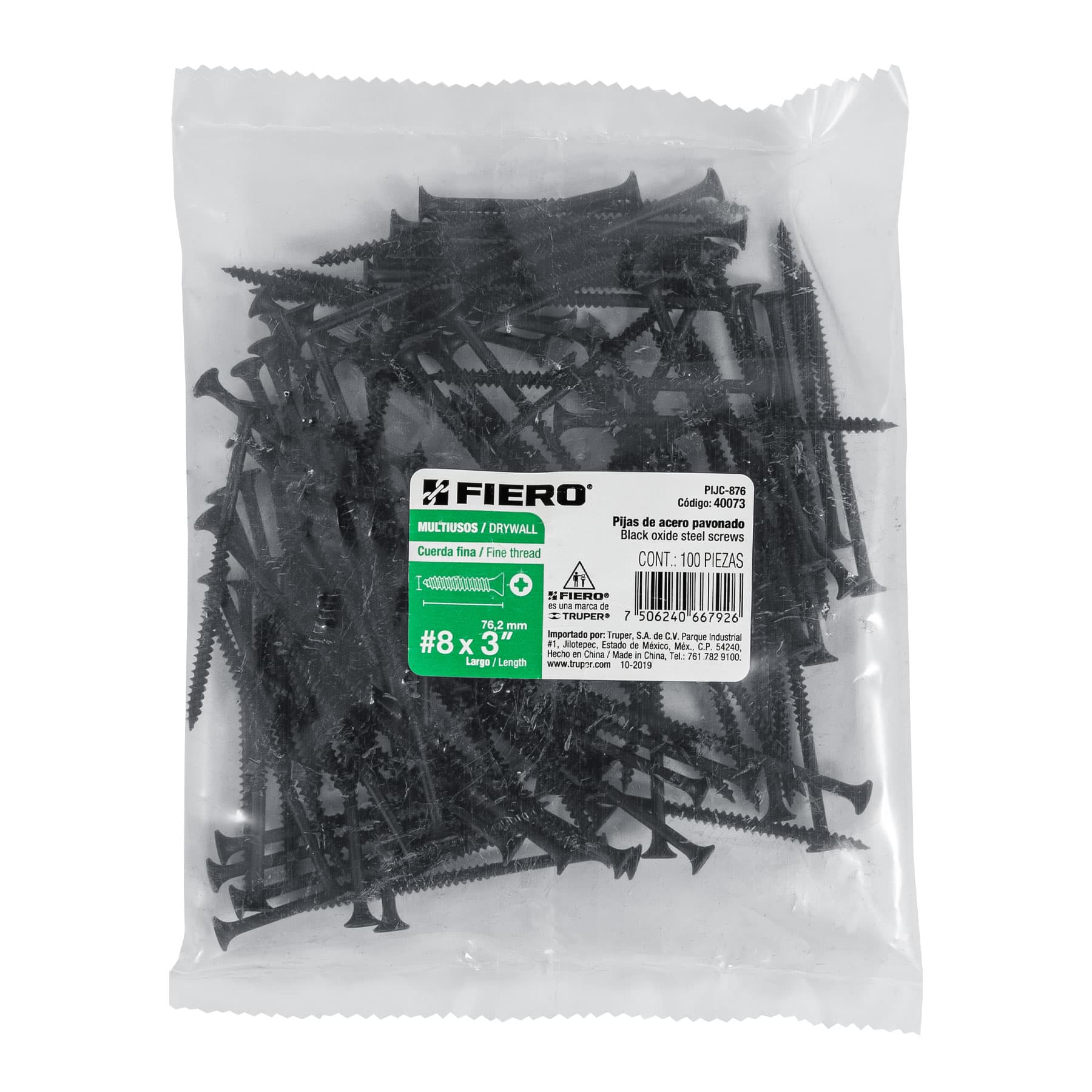 Bolsa con 100 pijas #8 x 3" multiusos cuerda fina, Fiero