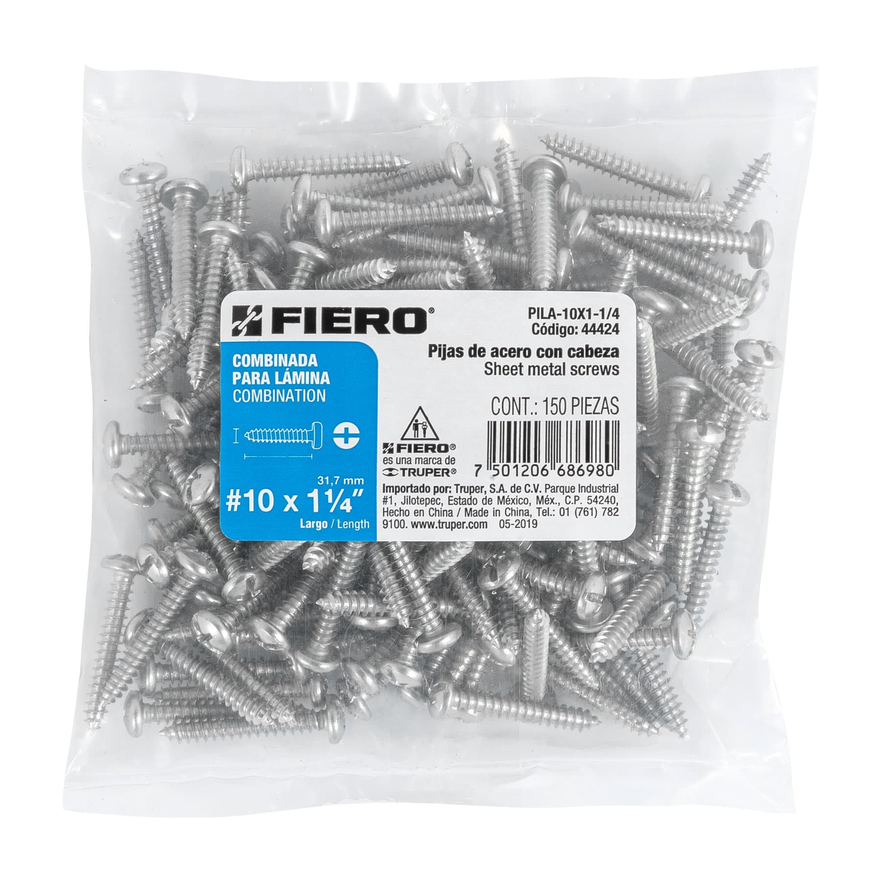 Bolsa con 150 pijas para lámina, #10 x 1-1/4", Fiero