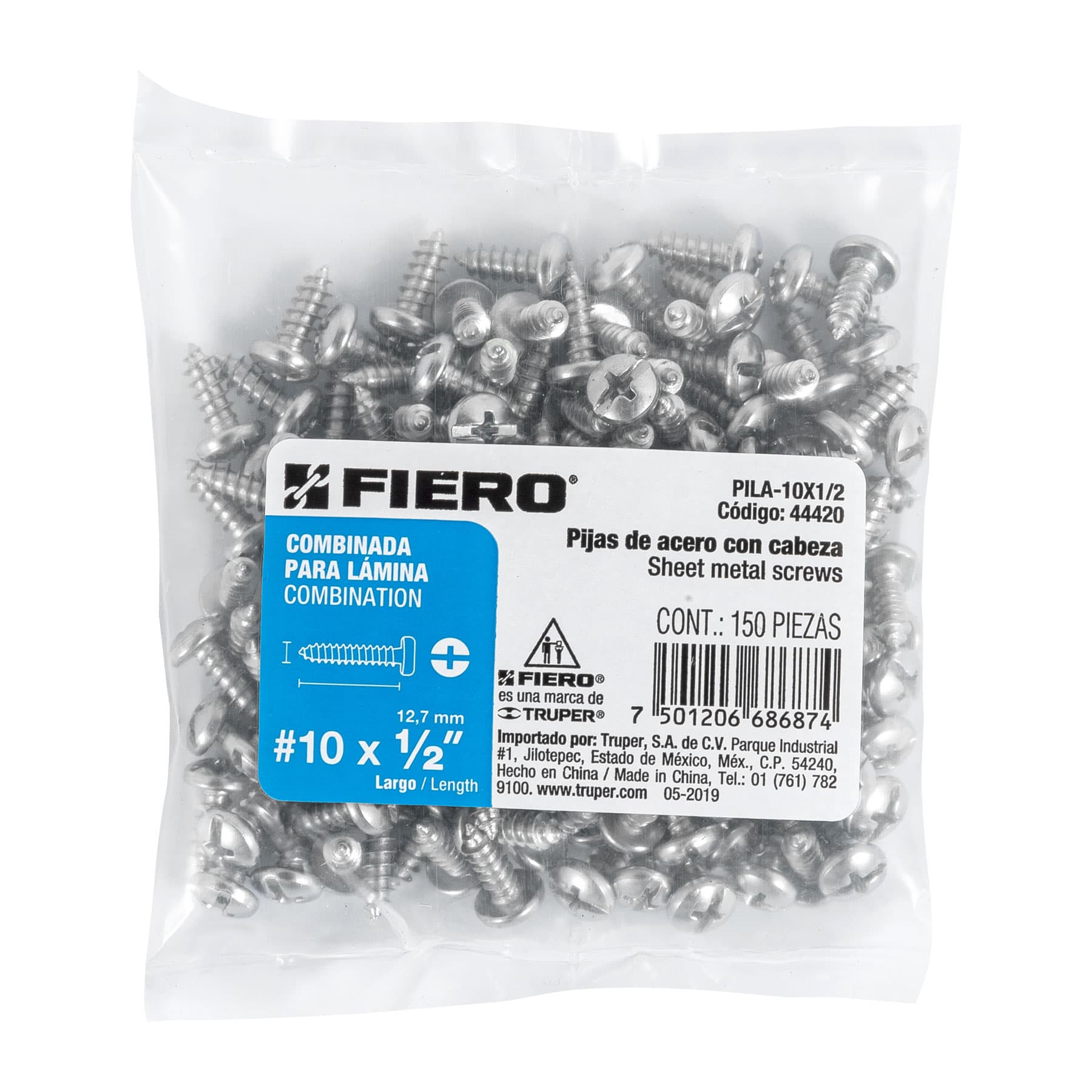 Bolsa con 150 pijas para lámina, #10 x 1/2", Fiero