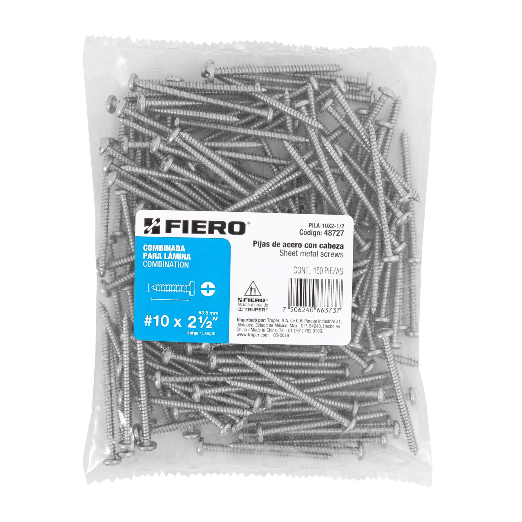 Bolsa con 150 pijas para lámina, #10 x 2-1/2", Fiero