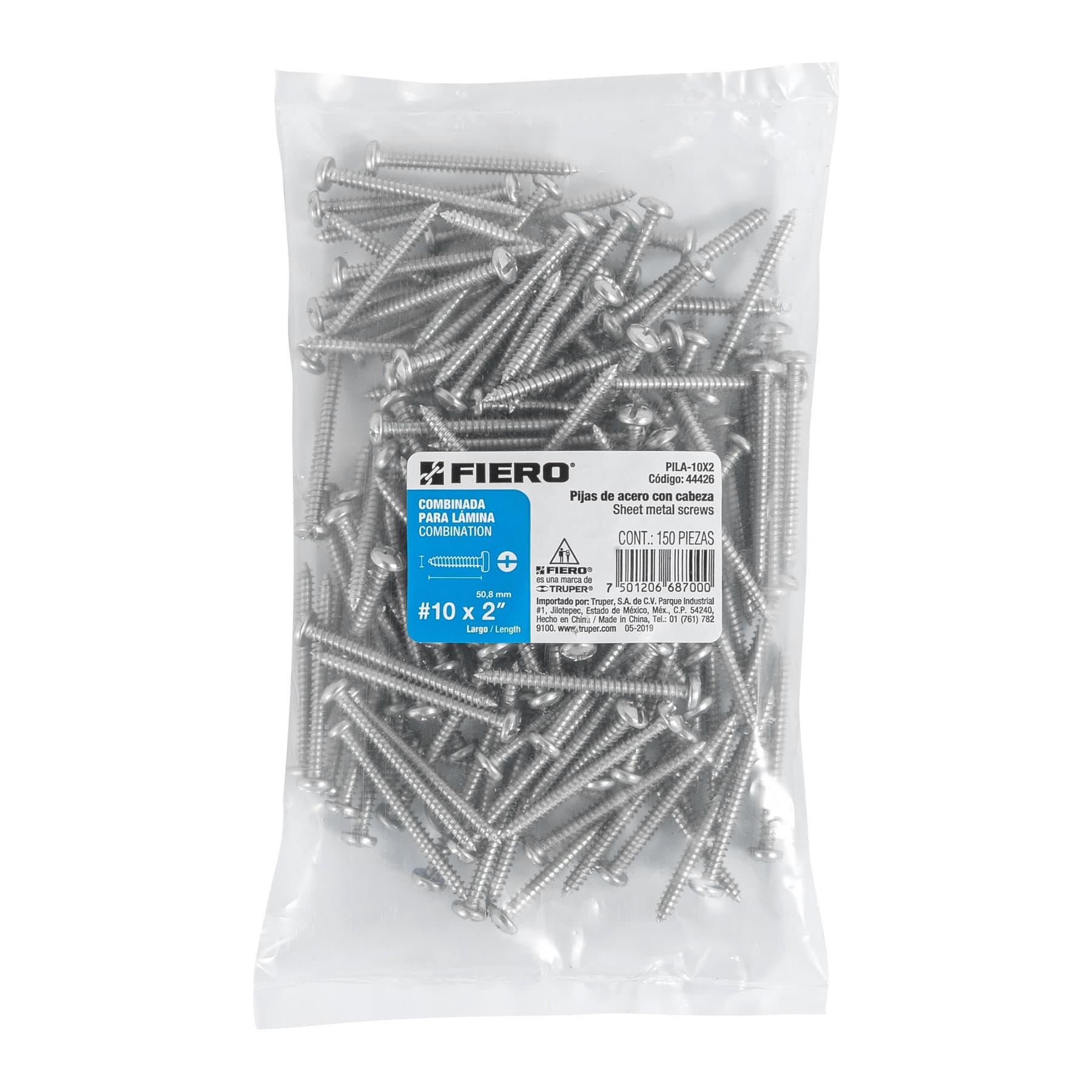 Bolsa con 150 pijas para lámina, #10 x 2", Fiero