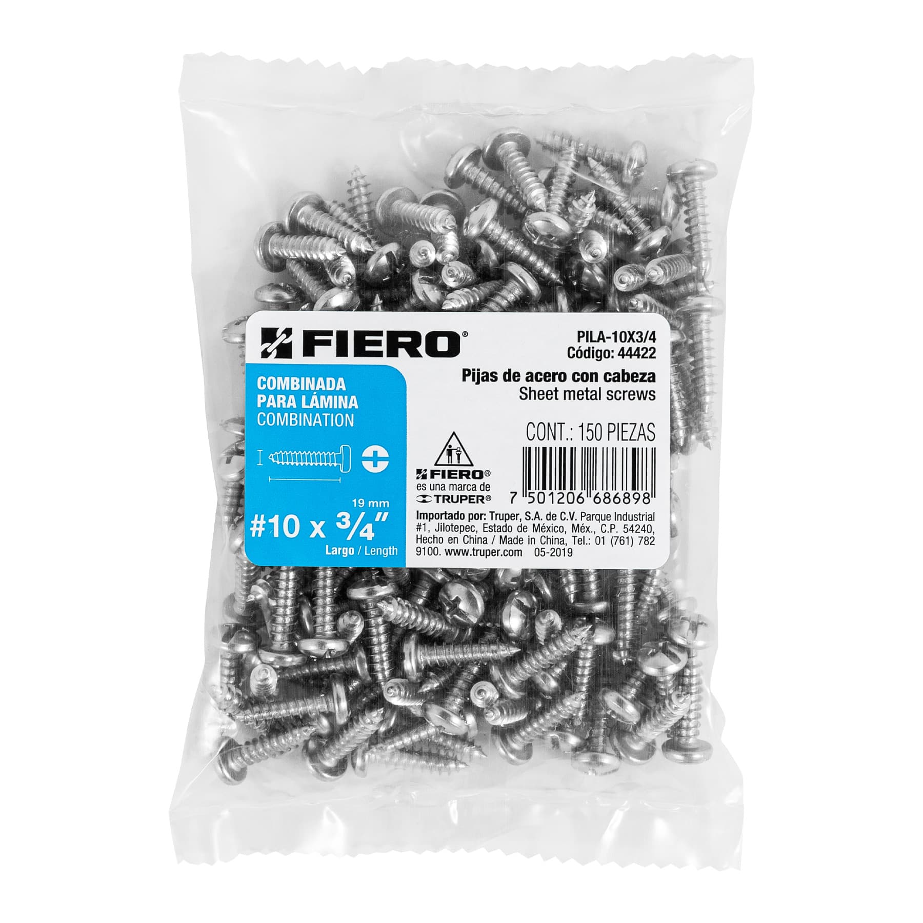 Bolsa con 150 pijas para lámina, #10 x 3/4", Fiero