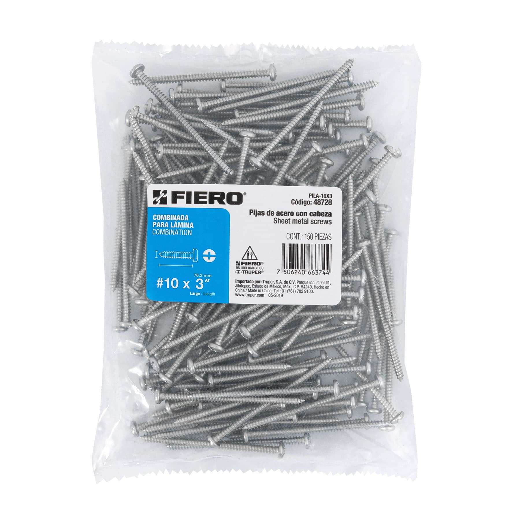 Bolsa con 150 pijas para lámina, #10 x 3", Fiero