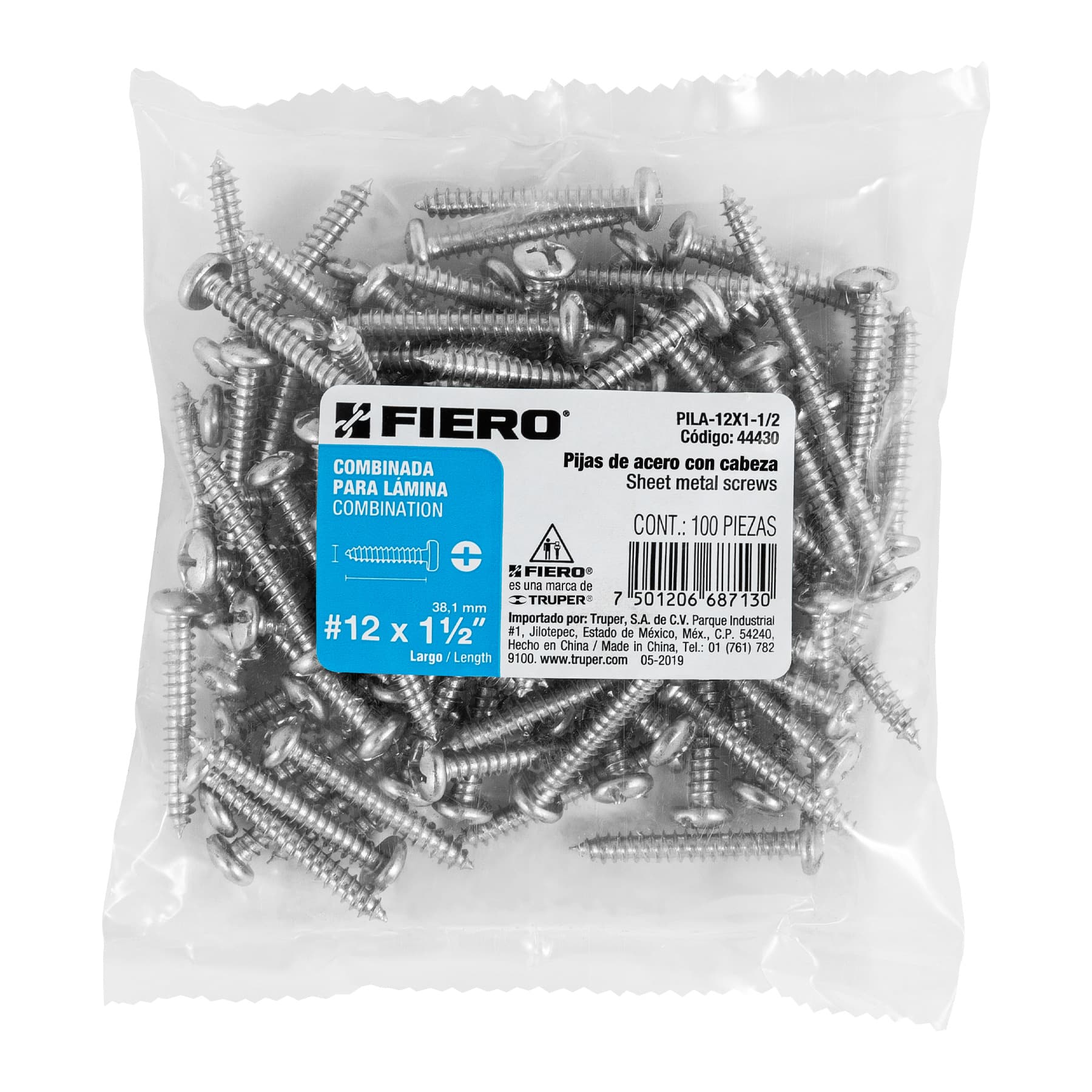 Bolsa con 100 pijas para lámina, #12 x 1-1/2", Fiero