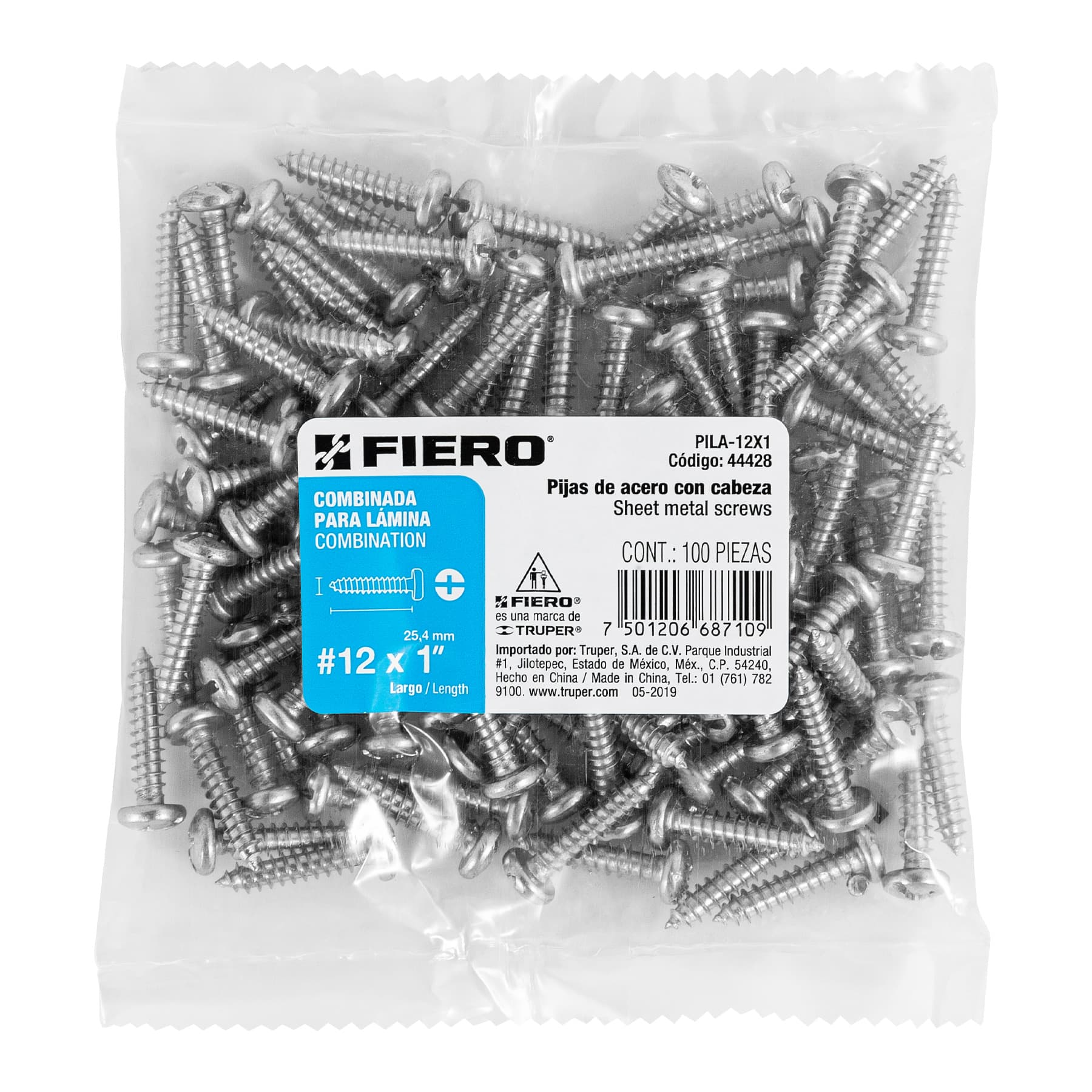 Bolsa con 100 pijas para lámina, #12 x 1", Fiero