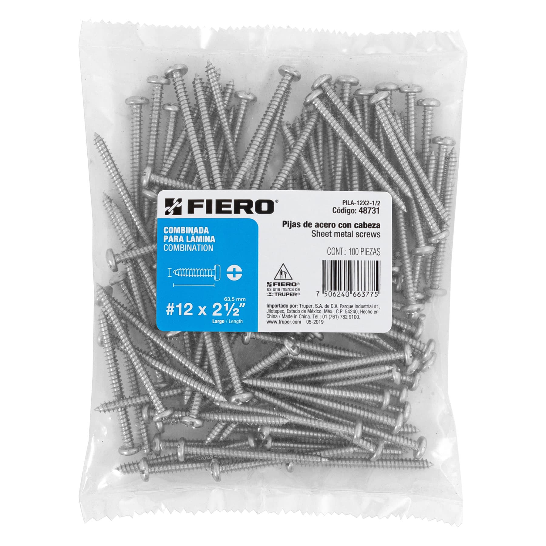 Bolsa con 100 pijas para lámina, #12 x 2-1/2", Fiero