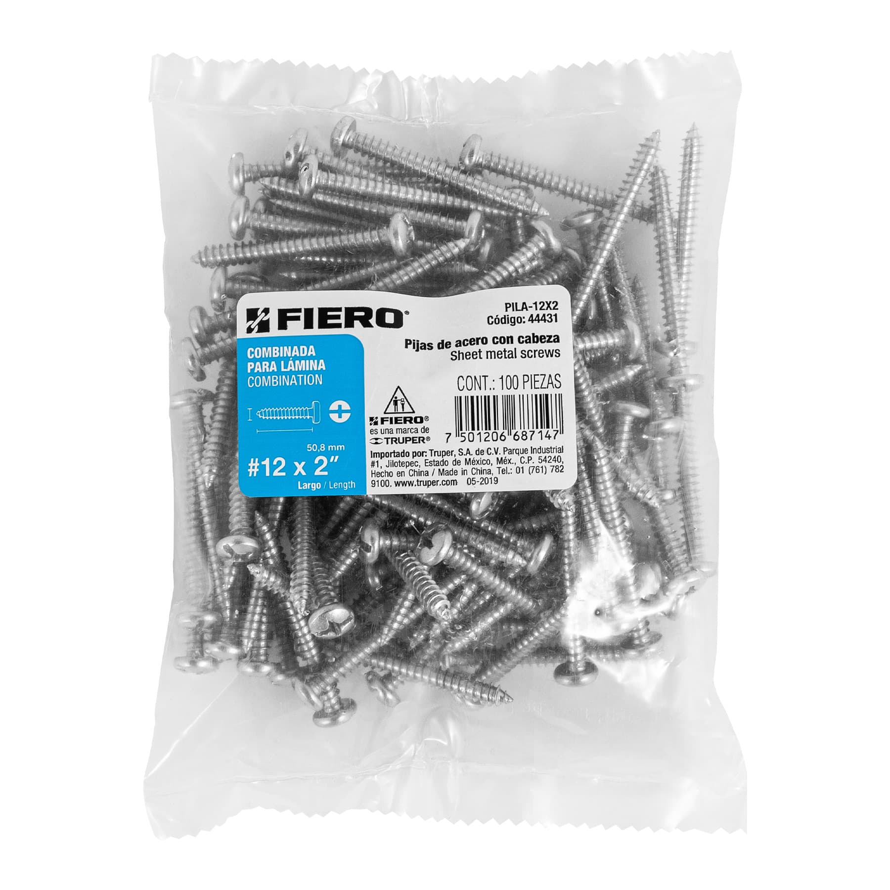 Bolsa con 100 pijas para lámina, #12 x 2", Fiero