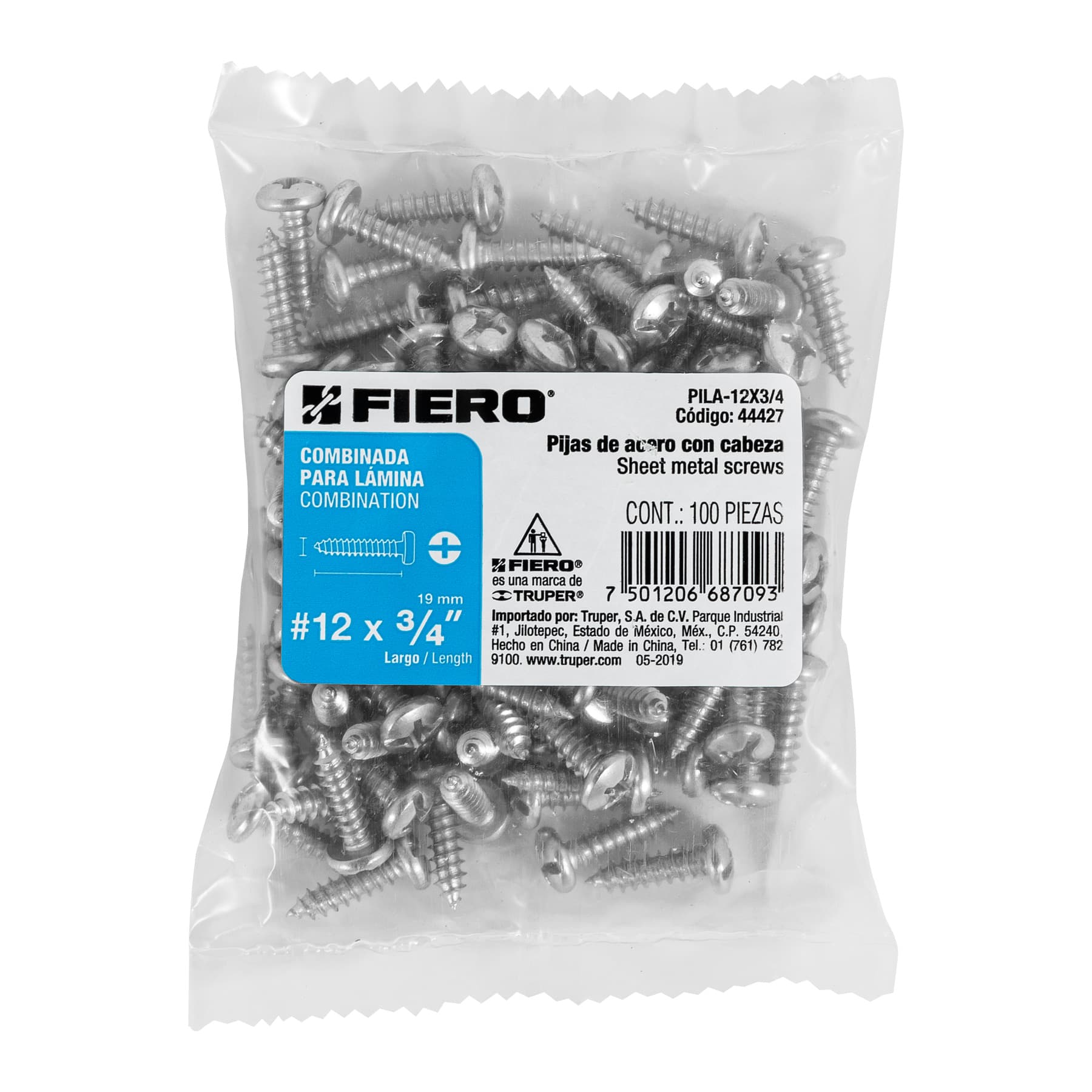 Bolsa con 100 pijas para lámina, #12 x 3/4", Fiero