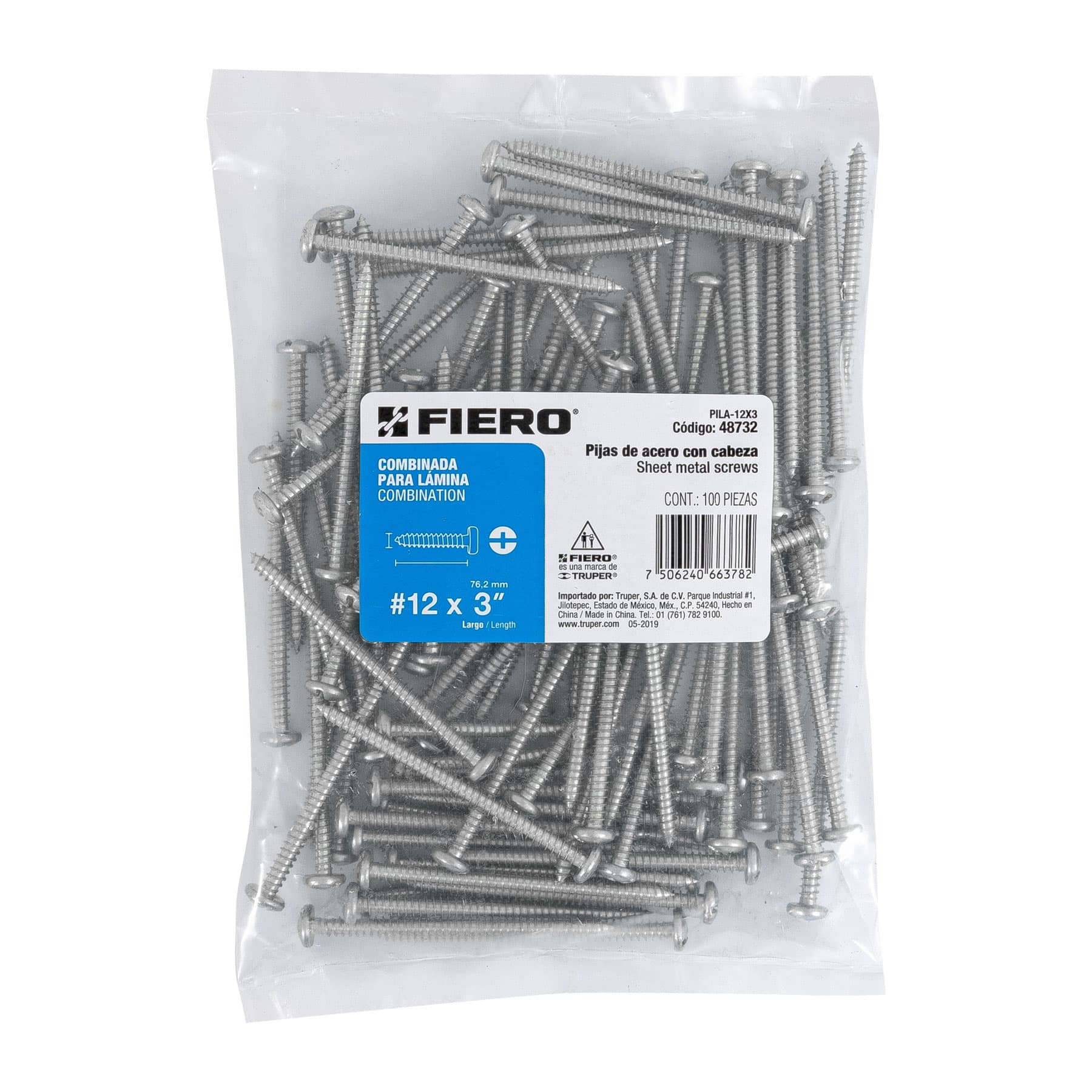 Bolsa con 100 pijas para lámina, #12 x 3", Fiero