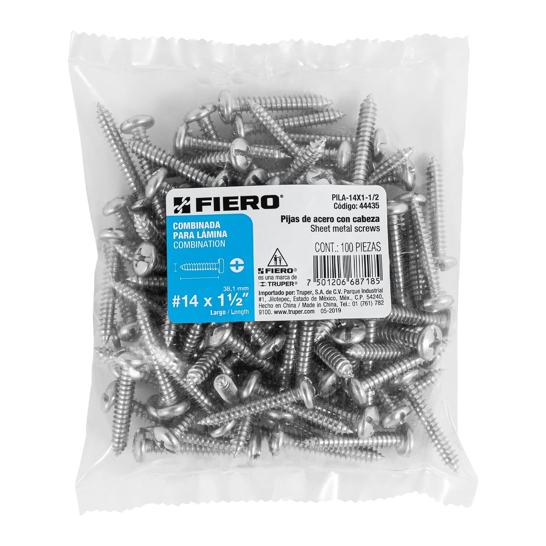 Bolsa con 100 pijas para lámina, #14 x 1-1/2", Fiero