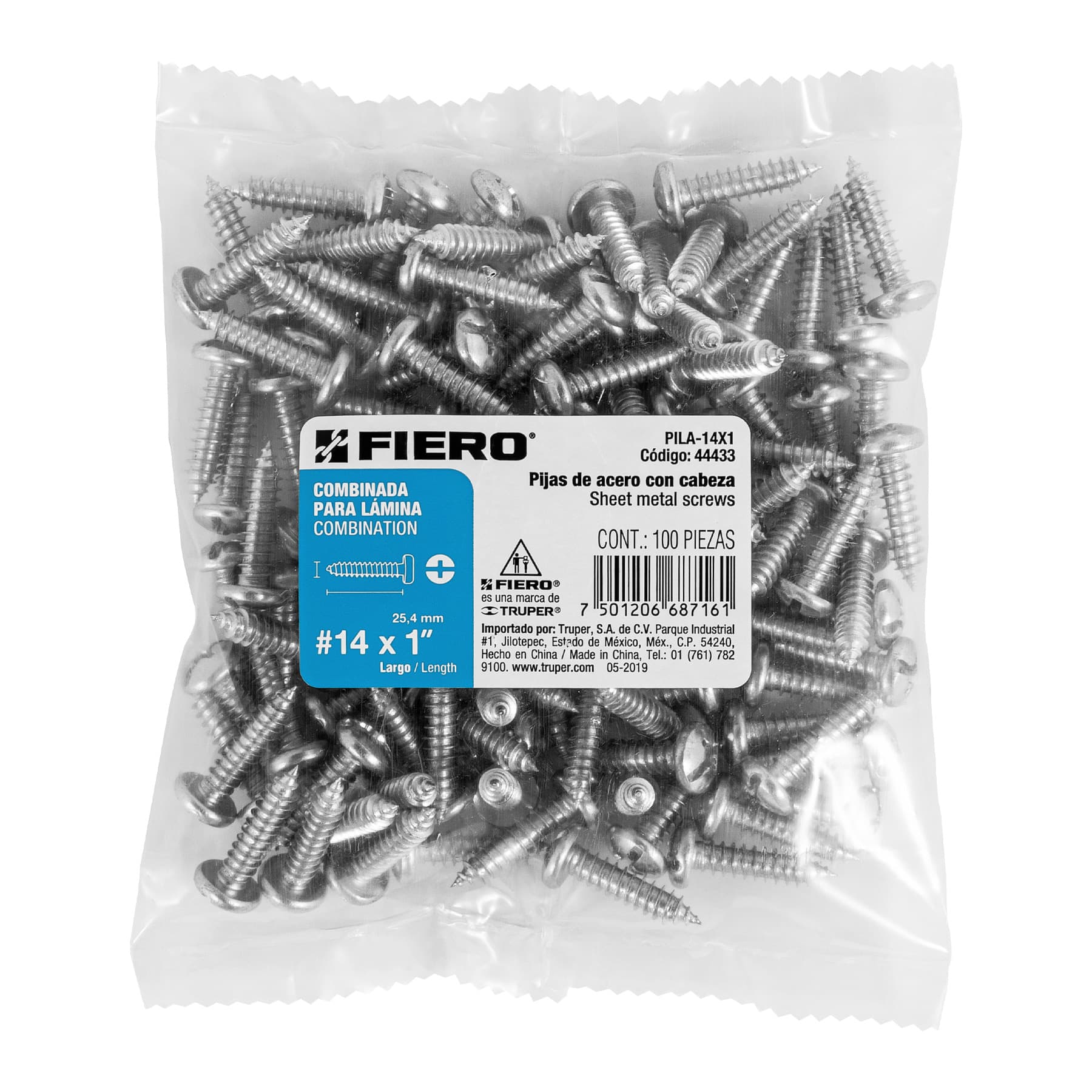 Bolsa con 100 pijas para lámina, #14 x 1", Fiero