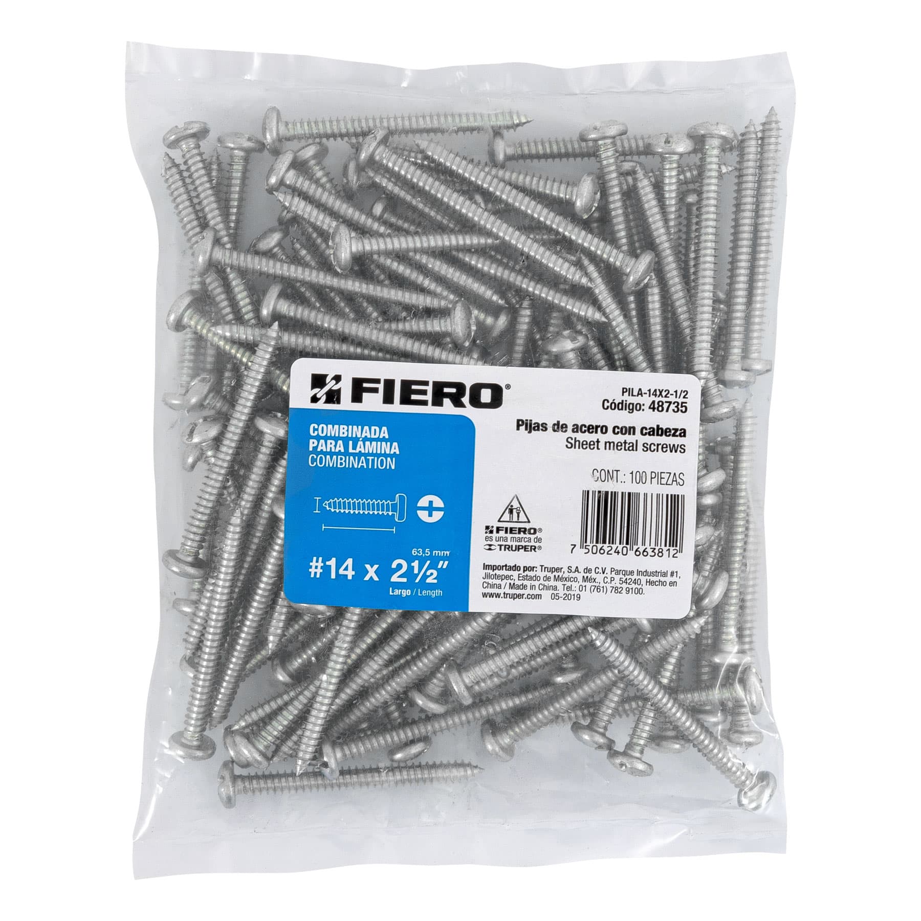 Bolsa con 100 pijas para lámina, #14 x 2-1/2", Fiero