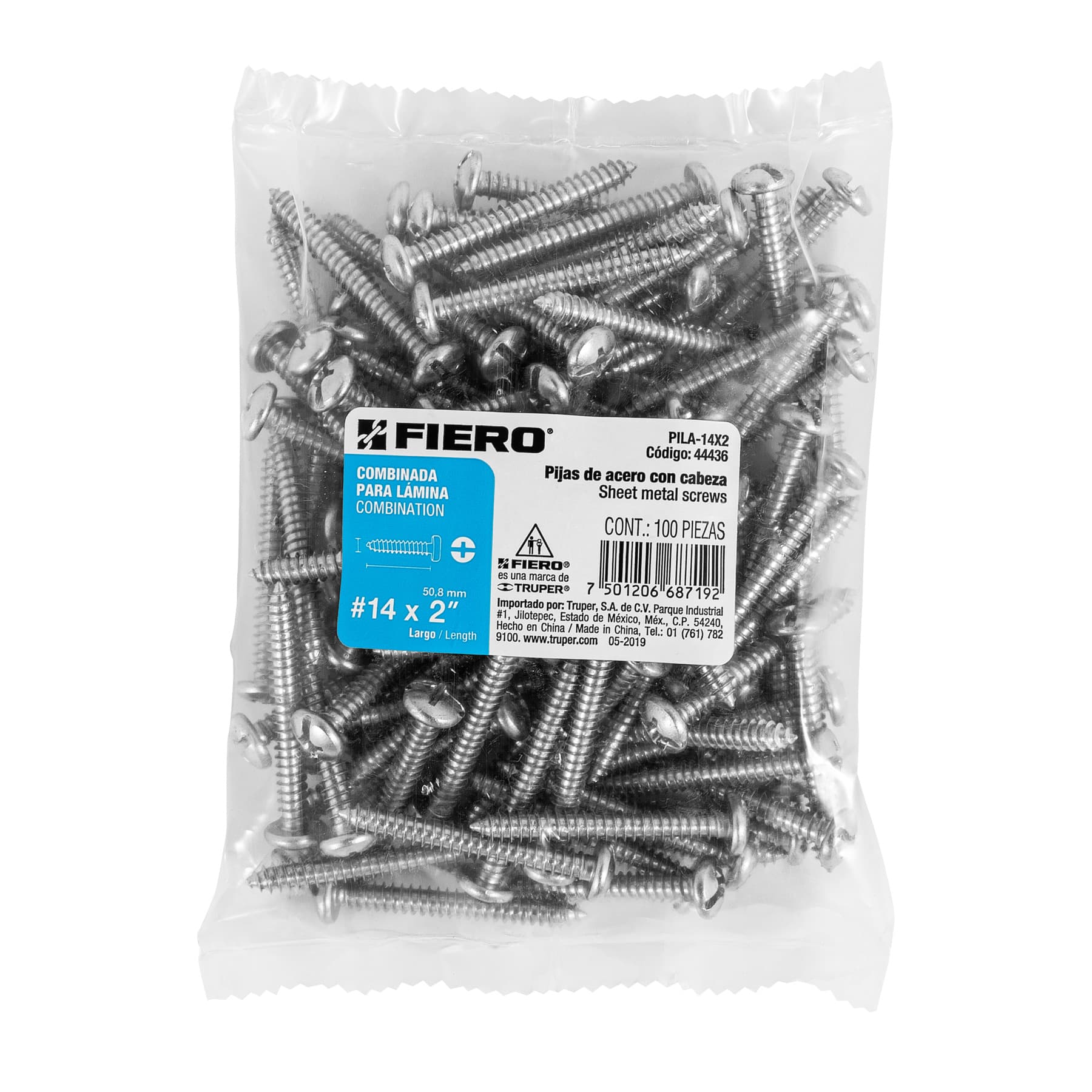 Bolsa con 100 pijas para lámina, #14 x 2", Fiero