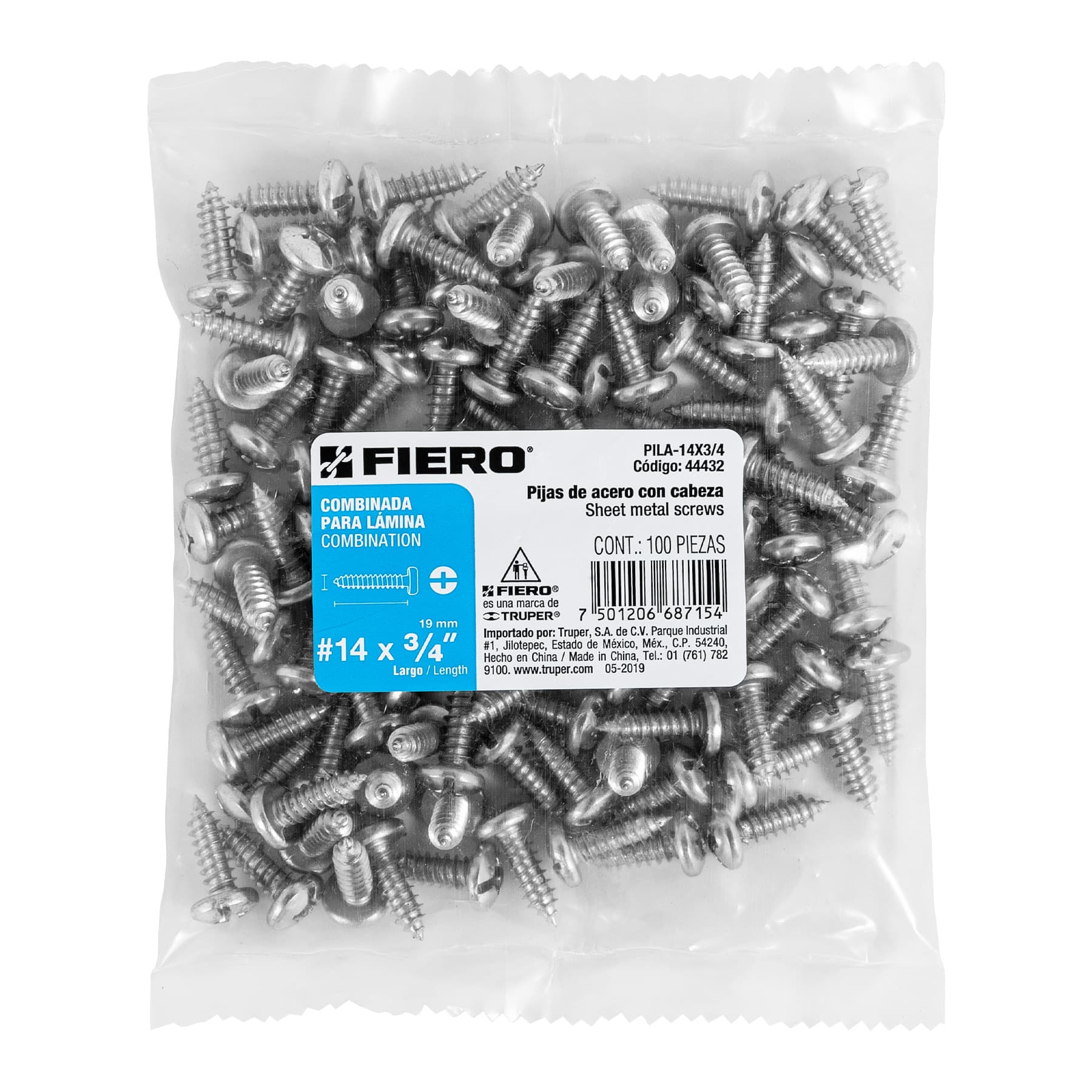 Bolsa con 100 pijas para lámina, #14 x 3/4", Fiero