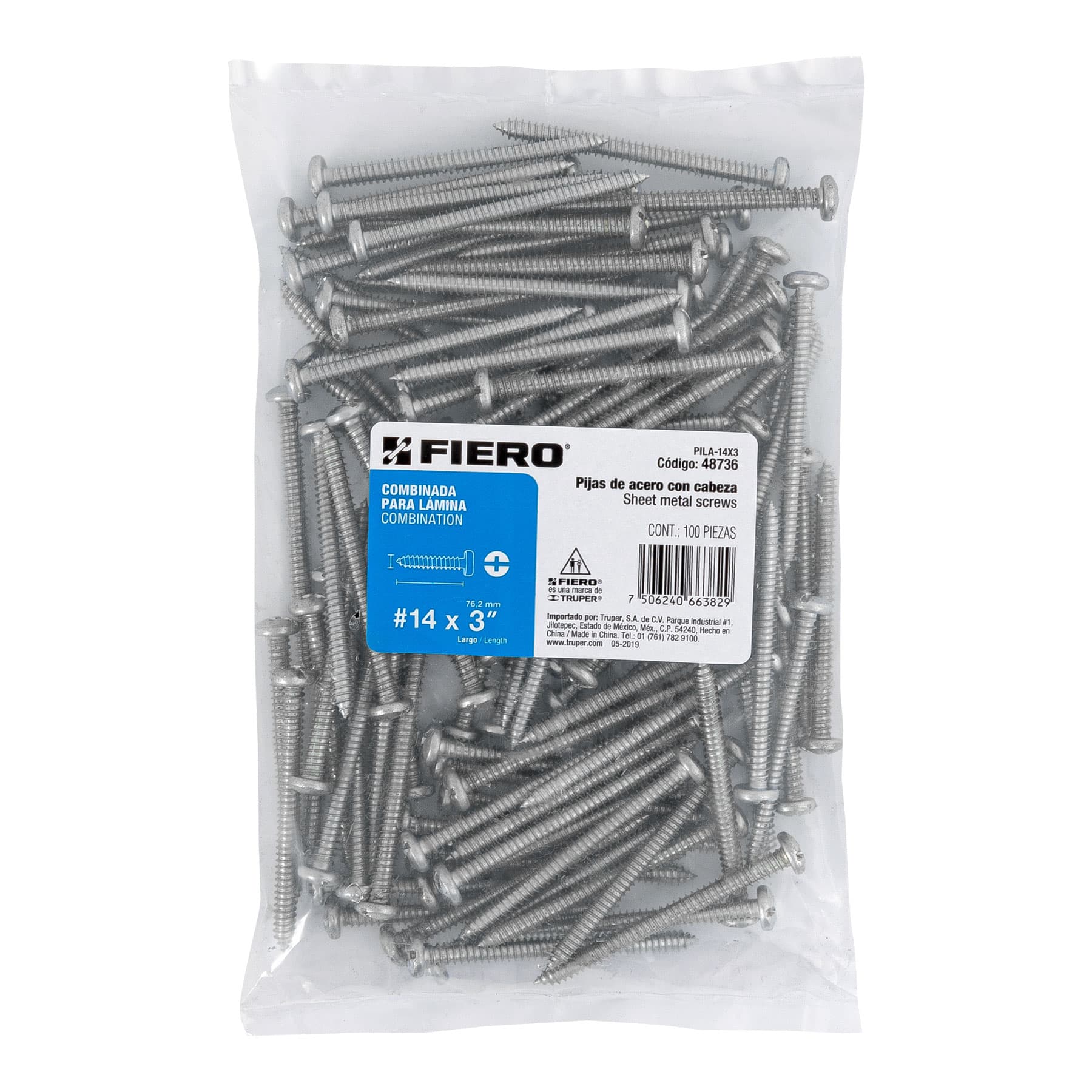 Bolsa con 100 pijas para lámina, #14 x 3", Fiero