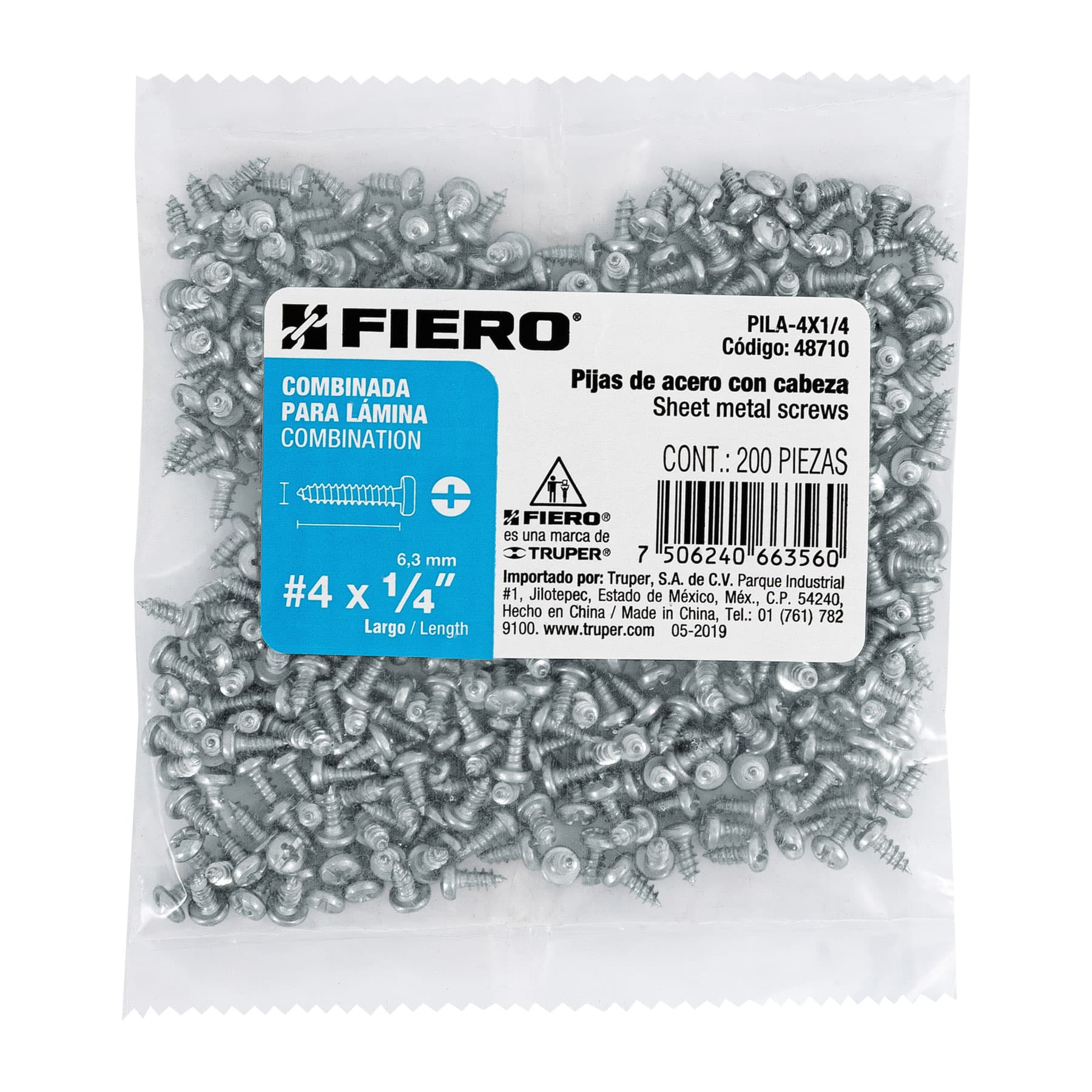 Bolsa con 200 pijas para lámina, #4 x 1/4", Fiero