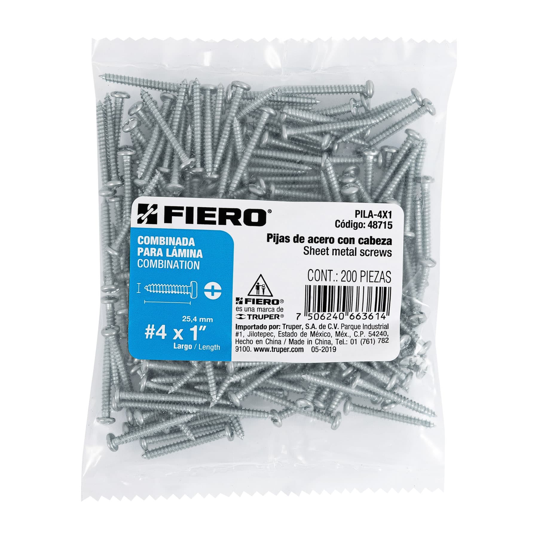 Bolsa con 200 pijas para lámina, #4 x 1", Fiero