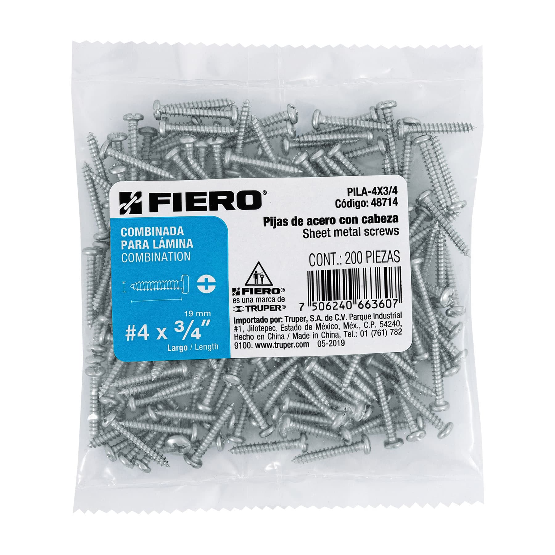 Bolsa con 200 pijas para lámina, #4 x 3/4", Fiero