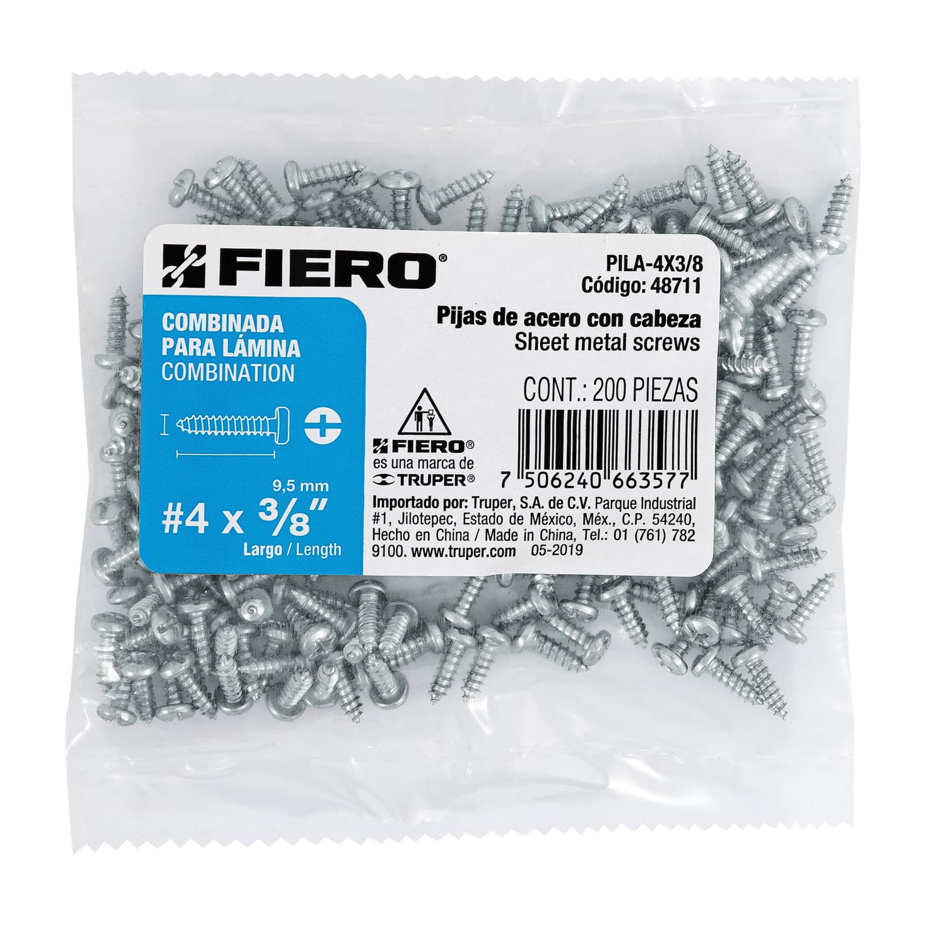 Bolsa con 200 pijas para lámina, #4 x 3/8", Fiero