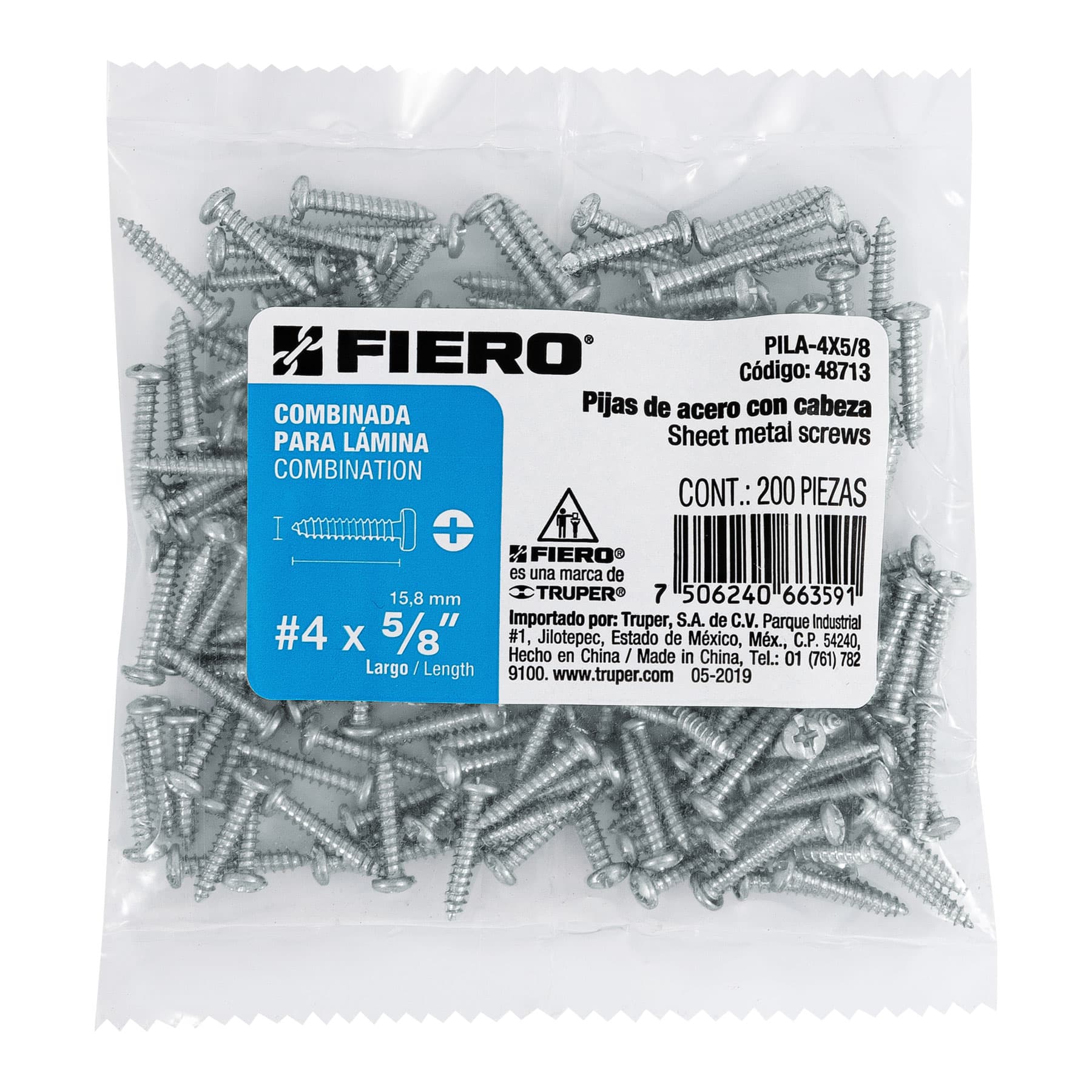 Bolsa con 200 pijas para lámina, #4 x 5/8", Fiero