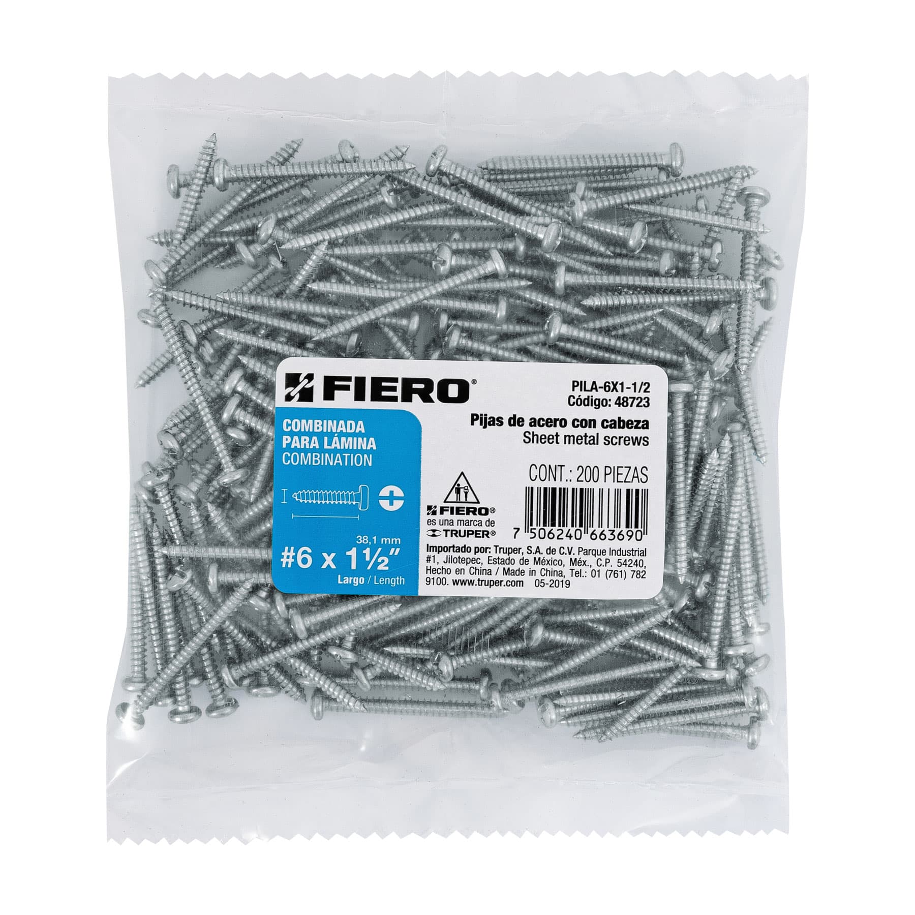 Bolsa con 200 pijas para lámina, #6 x 1-1/2", Fiero