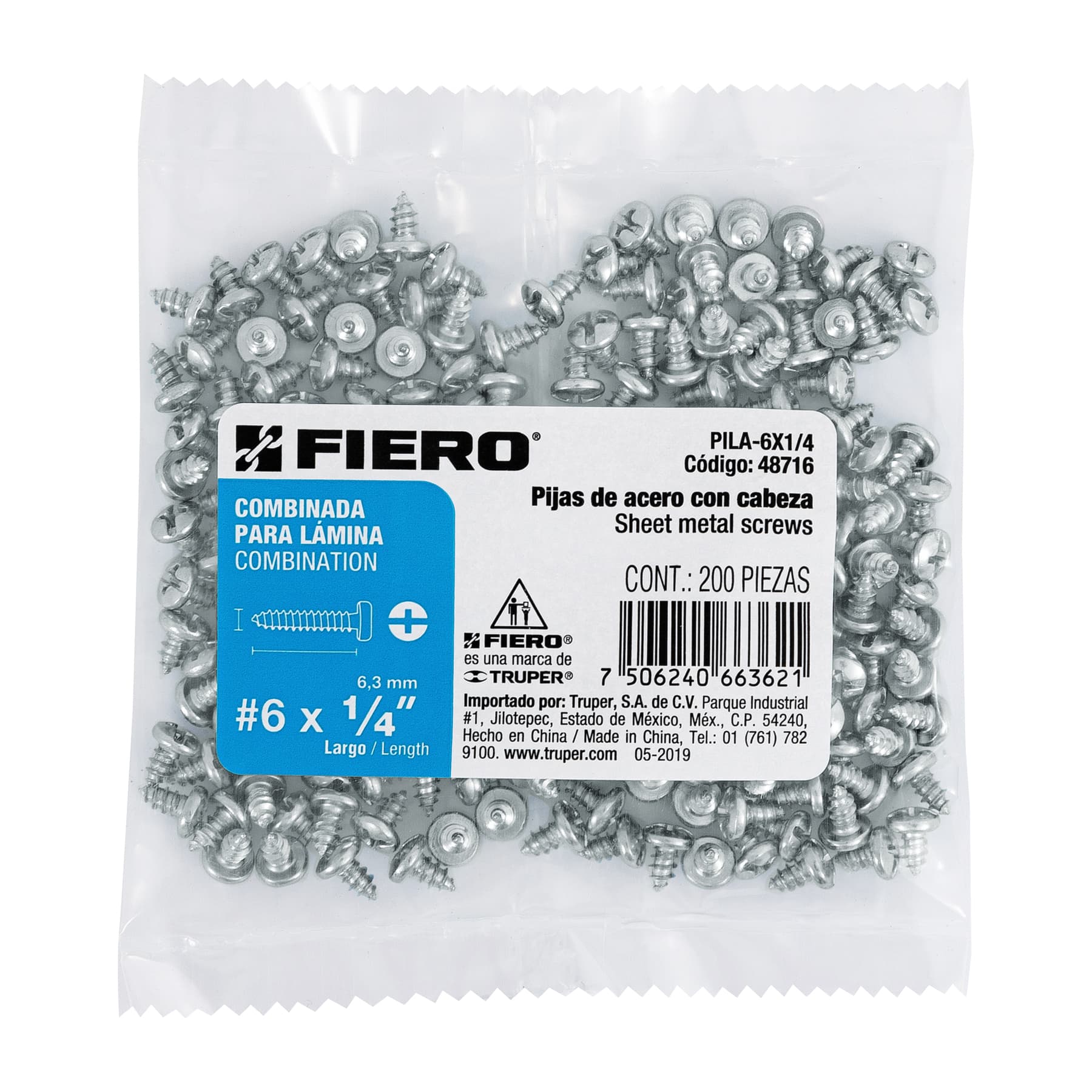 Bolsa con 200 pijas para lámina, #6 x 1/4", Fiero