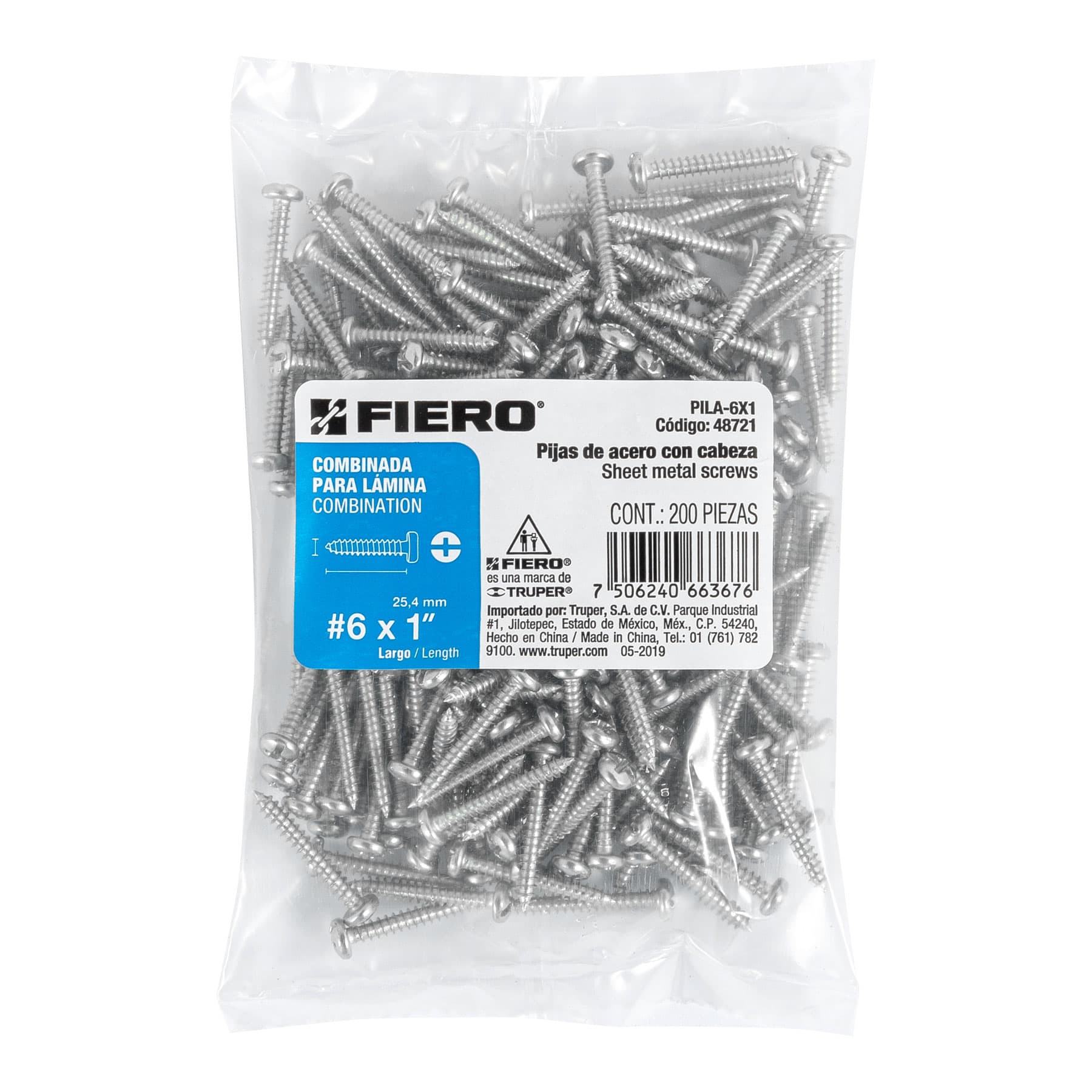 Bolsa con 200 pijas para lámina, #6 x 1", Fiero