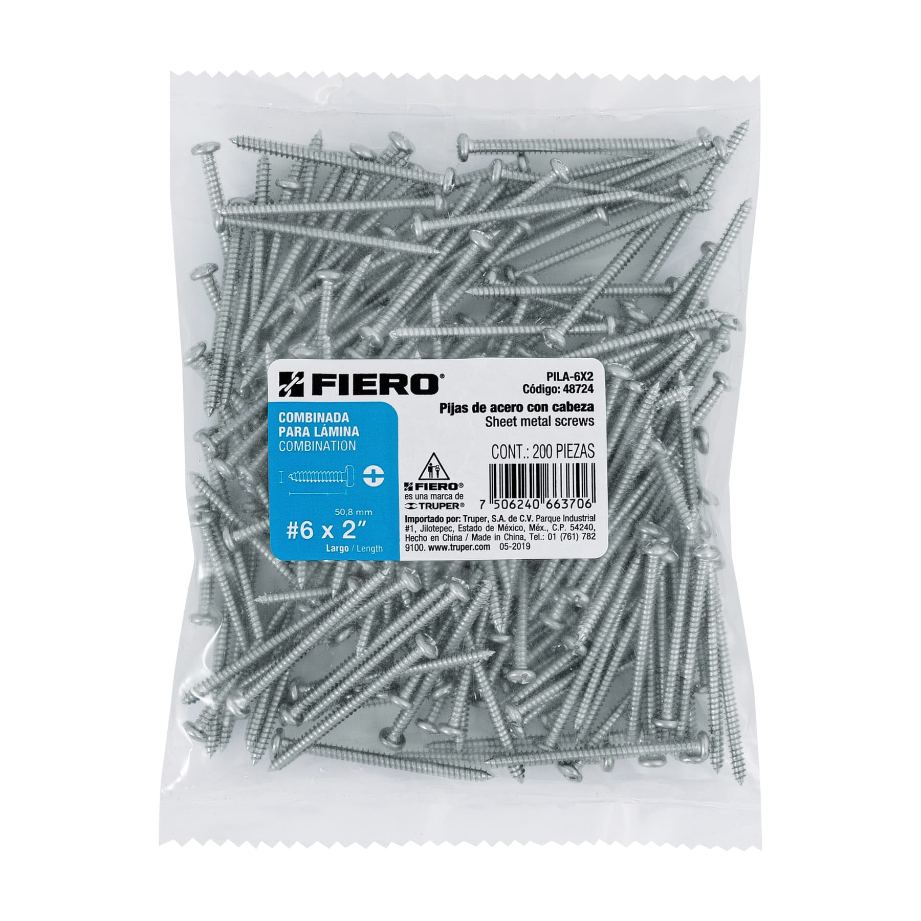 Bolsa con 200 pijas para lámina, #6 x 2", Fiero