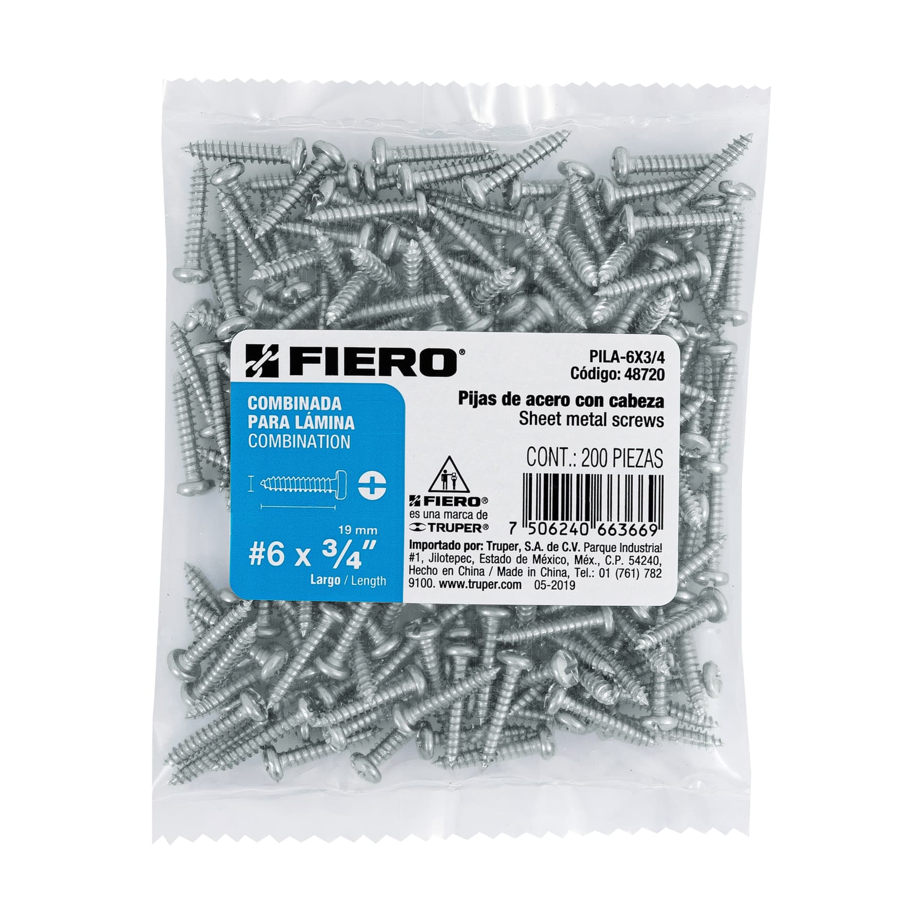 Bolsa con 200 pijas para lámina, #6 x 3/4", Fiero