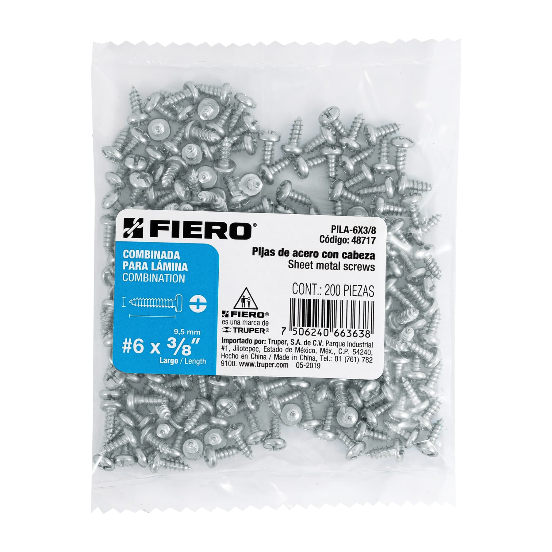 Bolsa con 200 pijas para lámina, #6 x 3/8", Fiero