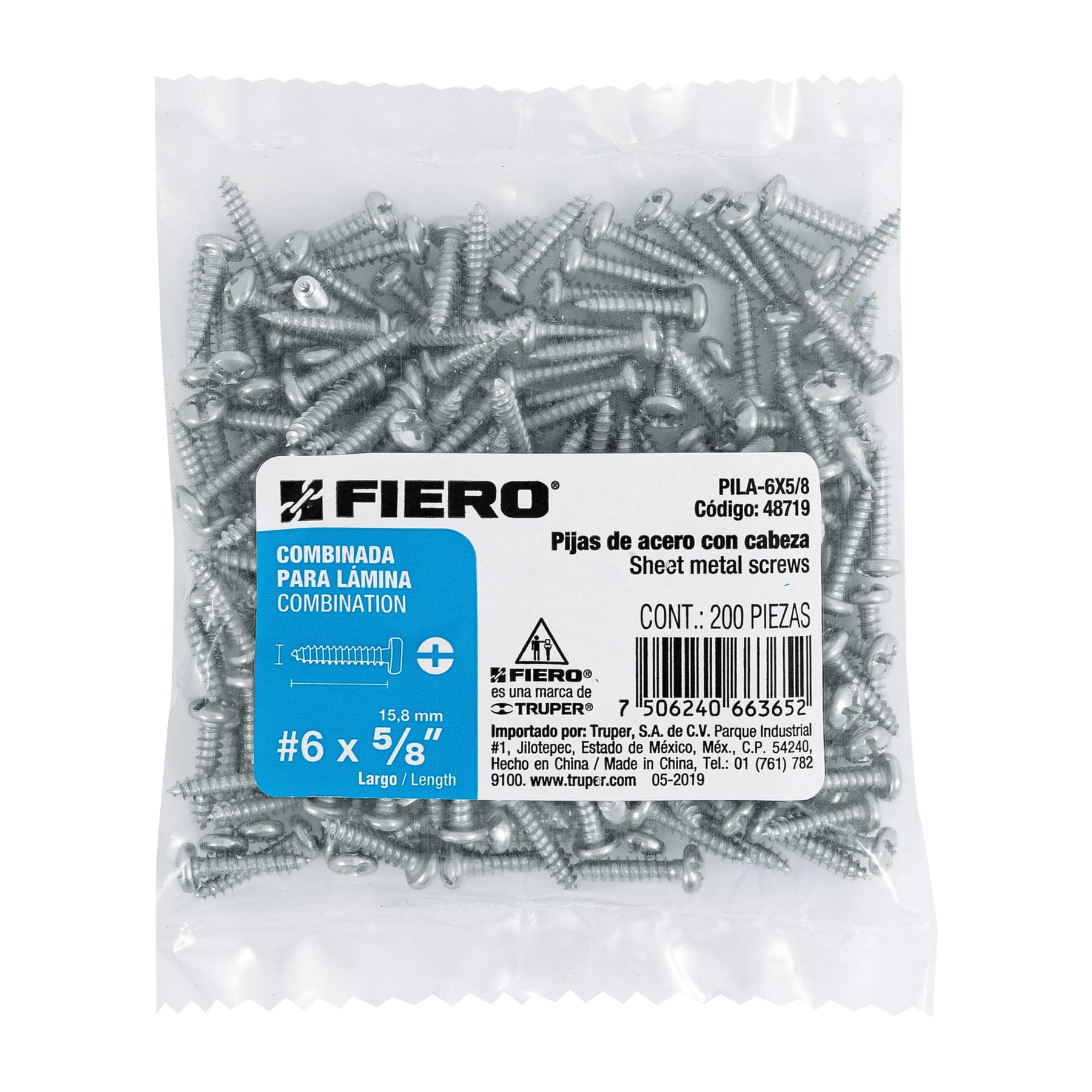 Bolsa con 200 pijas para lámina, #6 x 5/8", Fiero