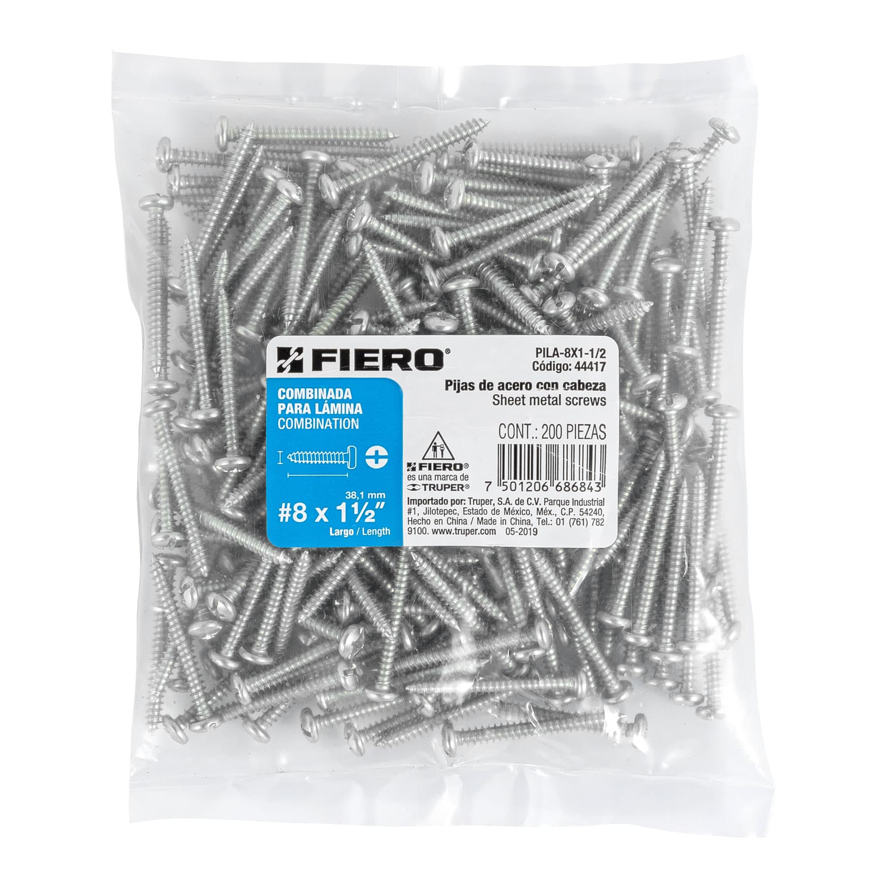 Bolsa con 200 pijas para lámina, #8 x 1-1/2", Fiero