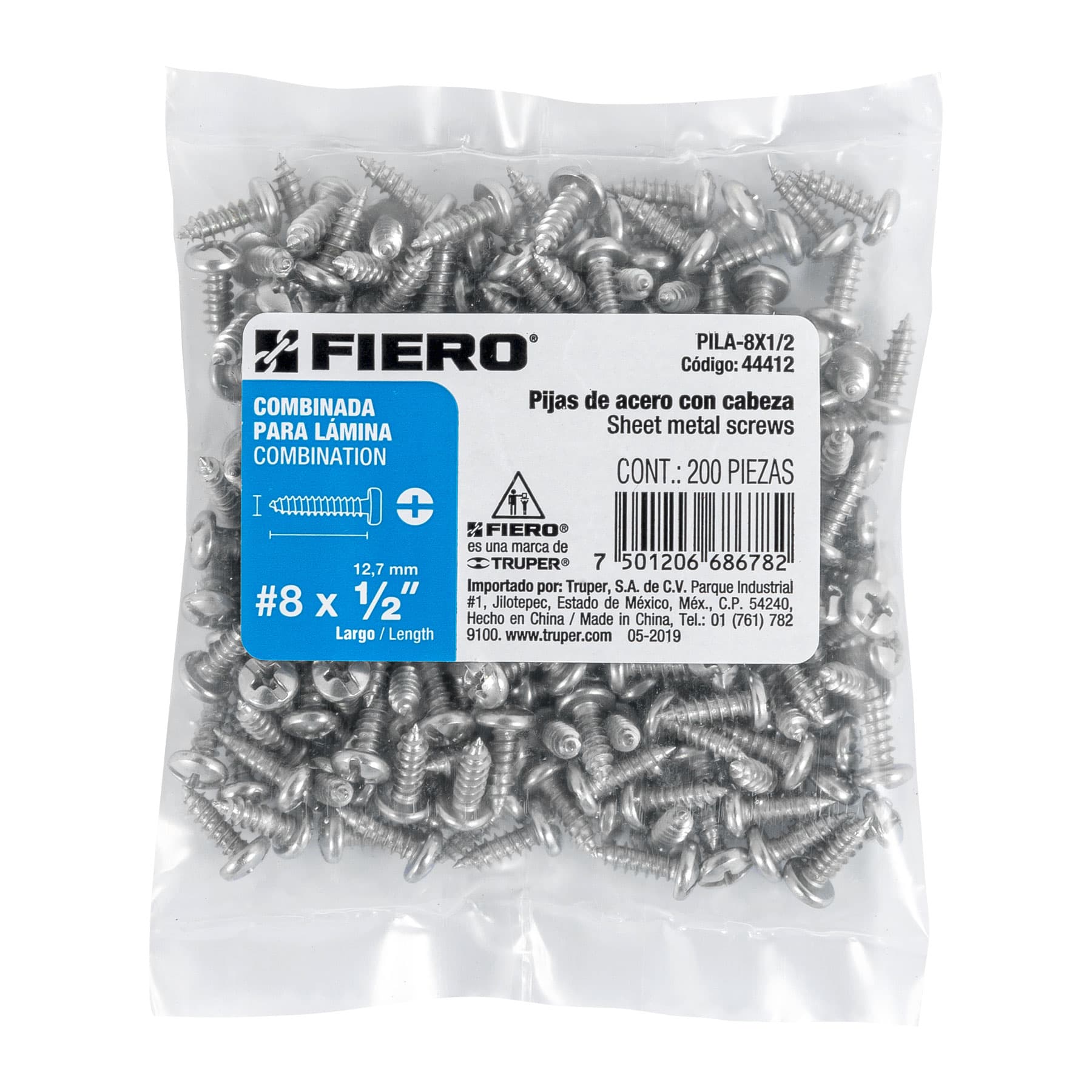 Bolsa con 200 pijas para lámina, #8 x 1/2", Fiero