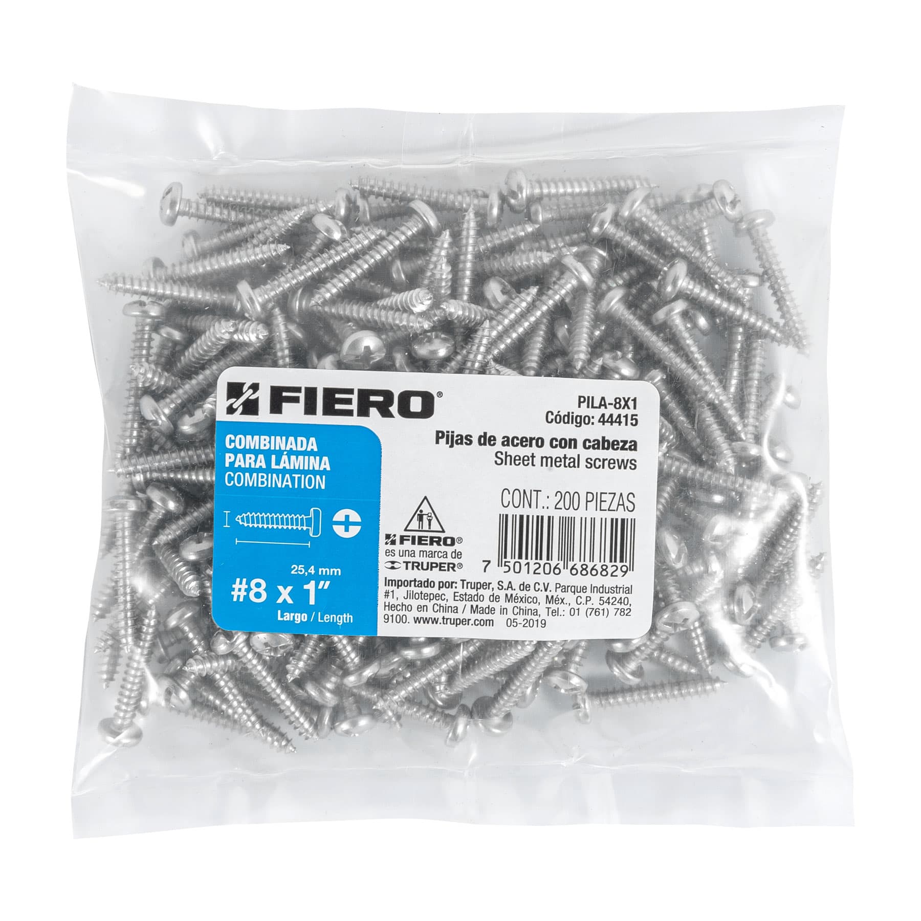 Bolsa con 200 pijas para lámina, #8 x 1", Fiero