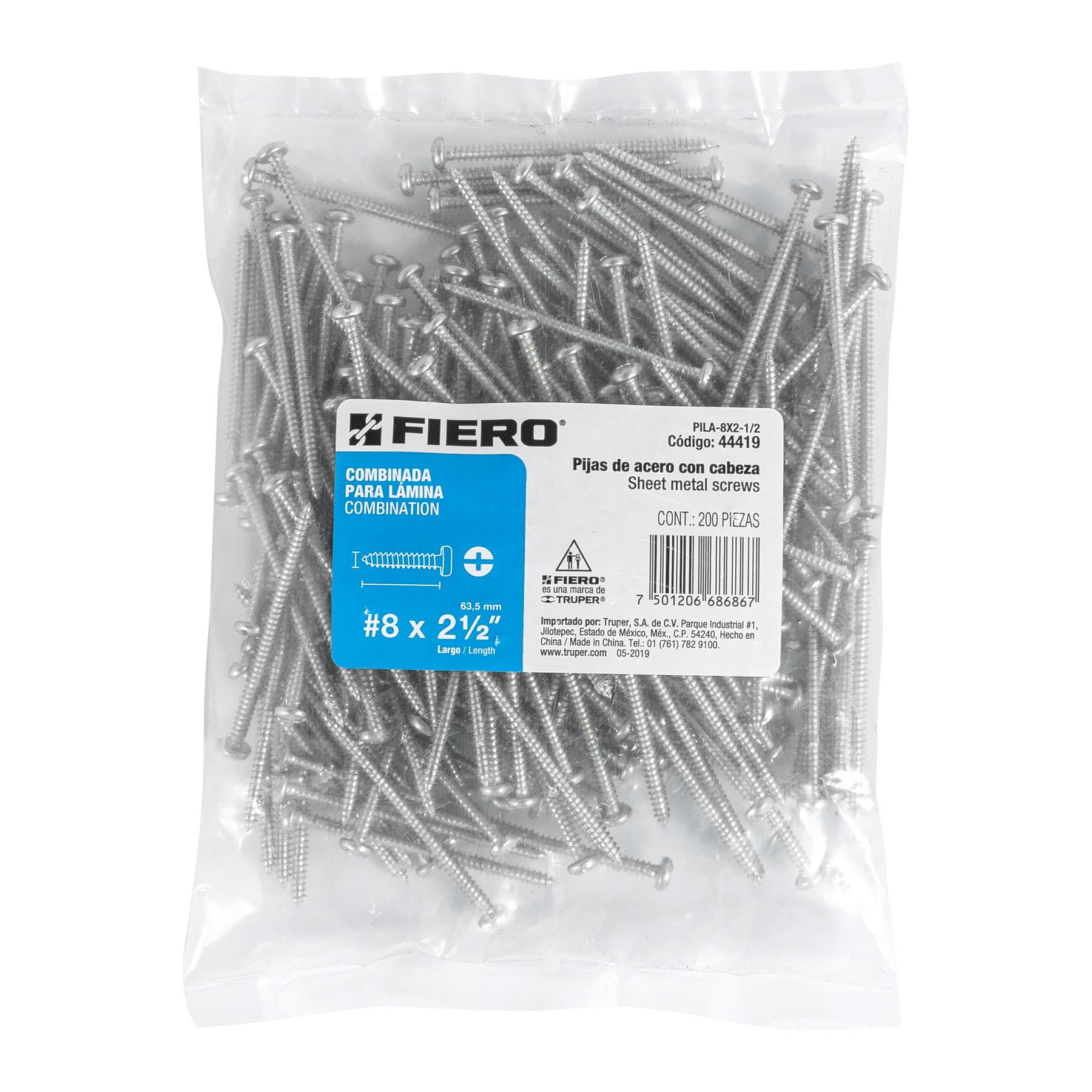 Bolsa con 200 pijas para lámina, #8 x 2-1/2", Fiero