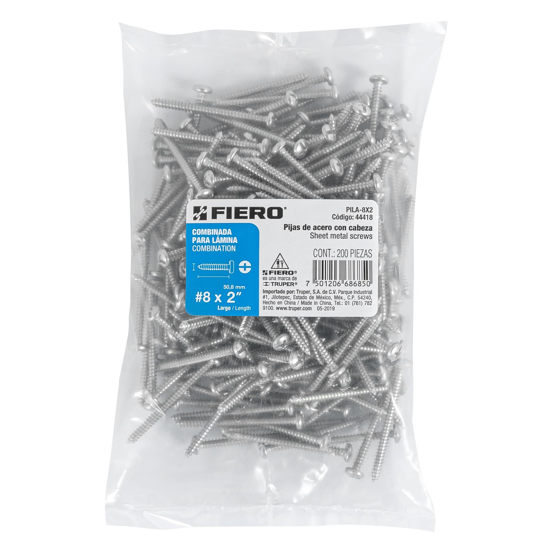Bolsa con 200 pijas para lámina, #8 x 2", Fiero