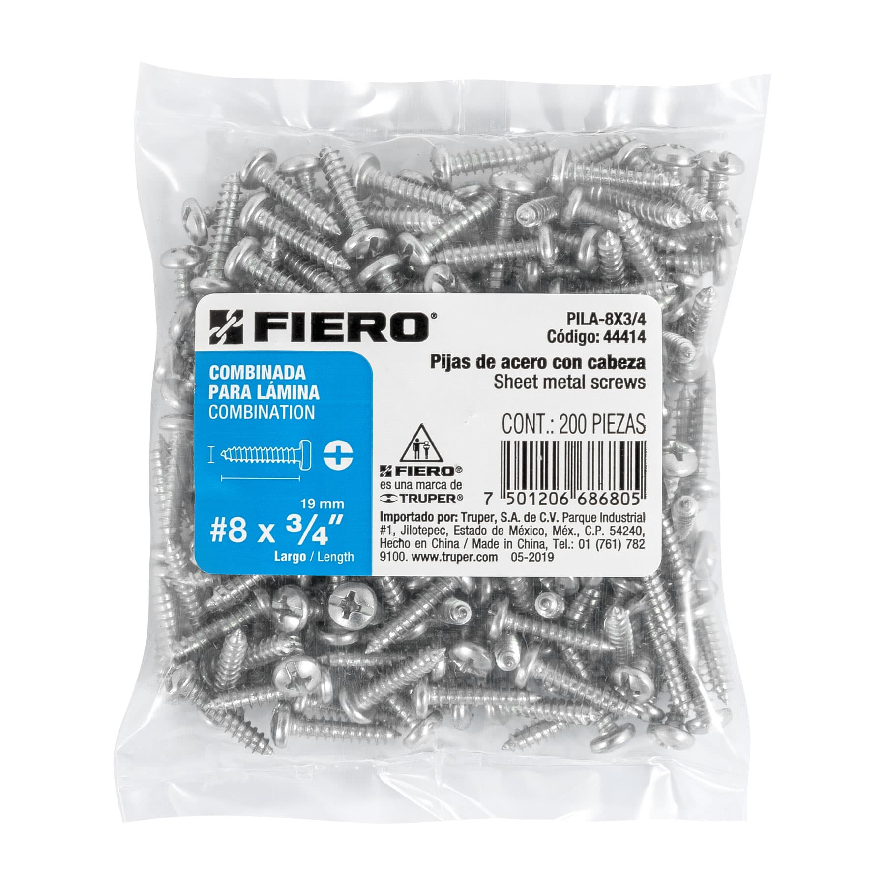 Bolsa con 200 pijas para lámina, #8 x 3/4", Fiero