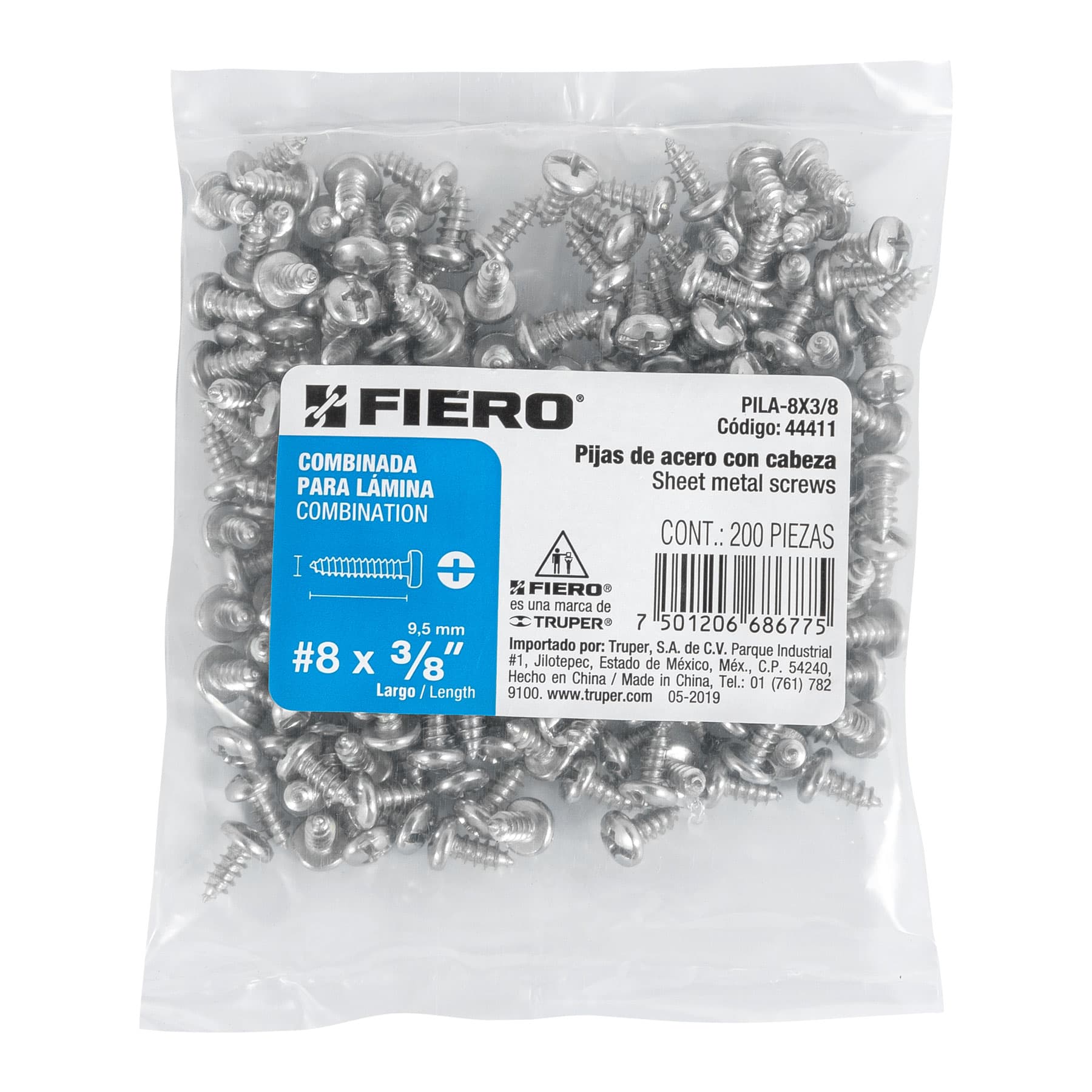 Bolsa con 200 pijas para lámina, #8 x 3/8", Fiero