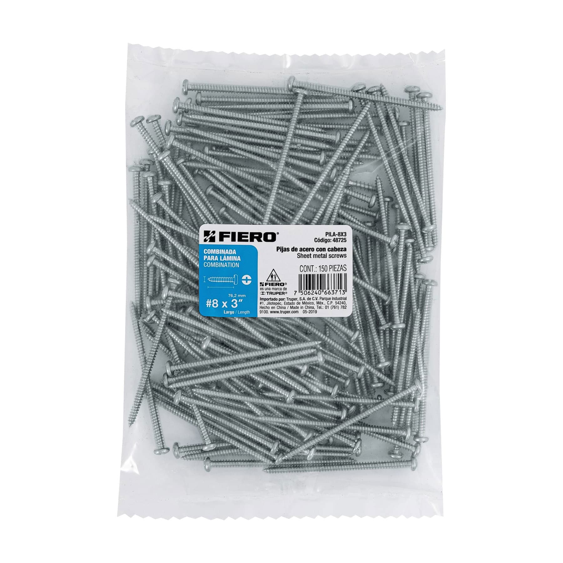 Bolsa con 150 pijas para lámina, #8 x 3", Fiero