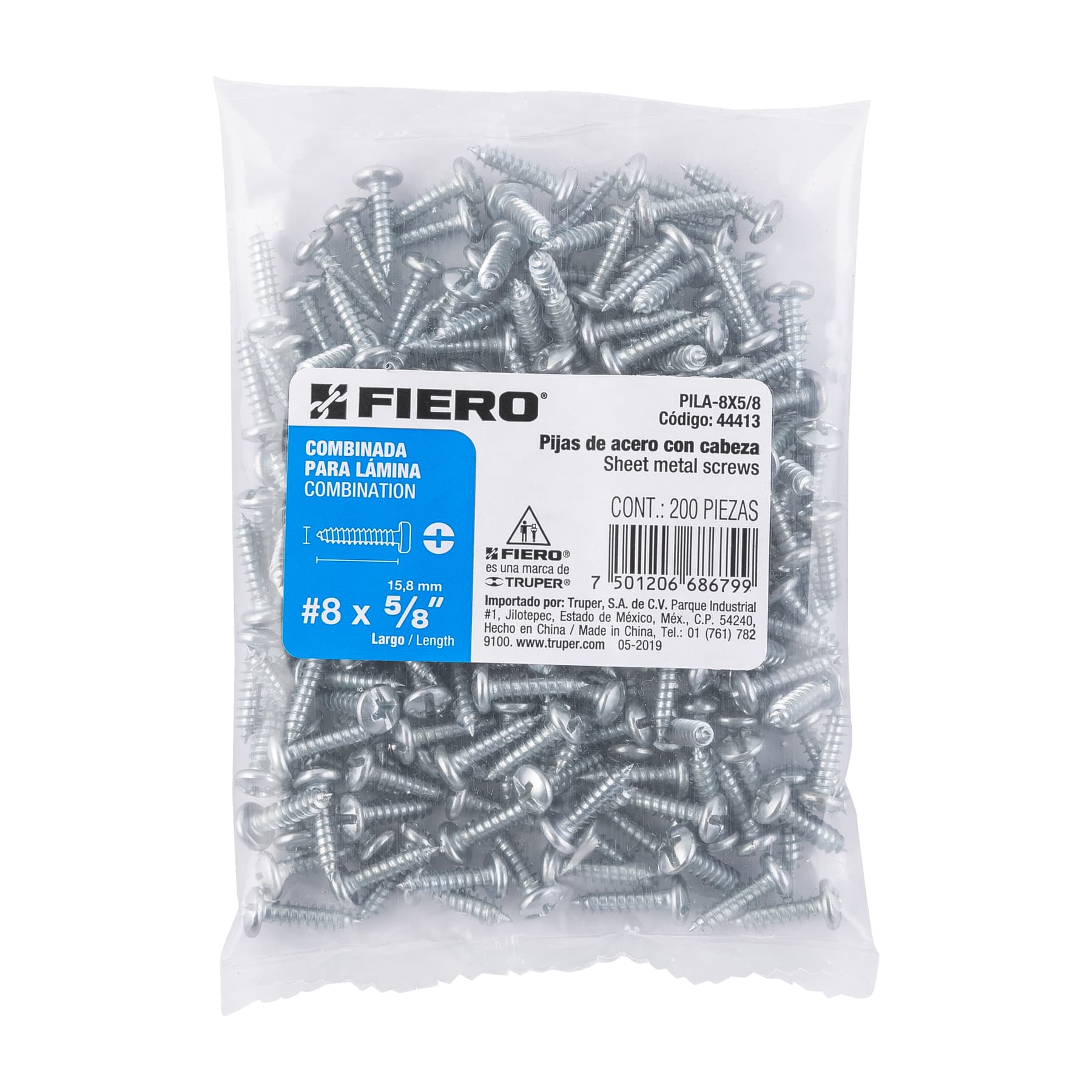 Bolsa con 200 pijas para lámina, #8 x 5/8", Fiero