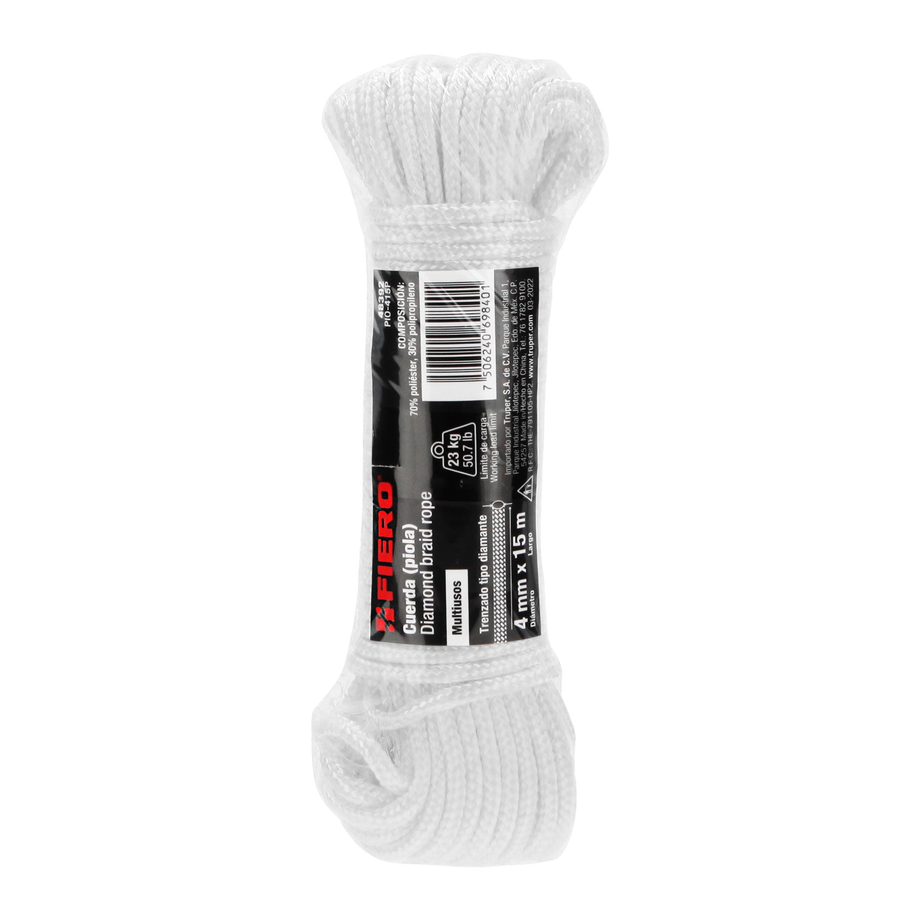 Piola de poliéster diamante de 4mmx15m blanca, madeja, Fiero