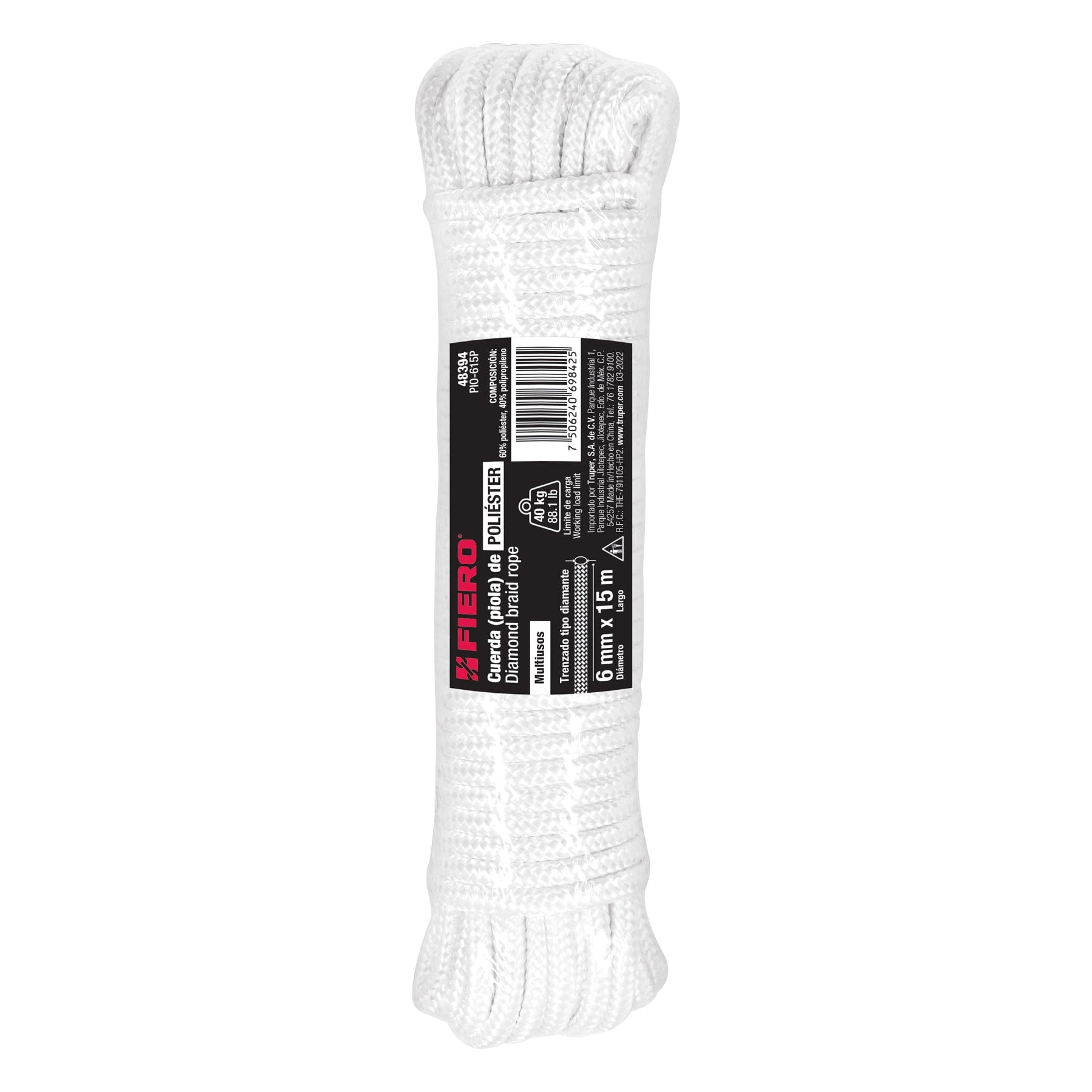 Piola de poliéster diamante de 6mmx15m blanca, madeja, Fiero