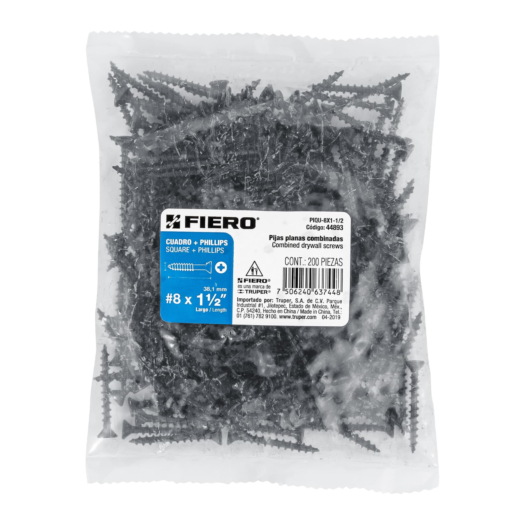 Bolsa con 200 pijas #8 x 1-1/2" combinadas (cuadro+Phillips)